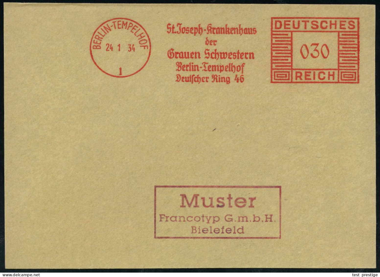 BERLIN-TEMPELHOF/ 1/ St.Joseph-Krankenhaus/ Der/ Grauen Schwestern 1934 (24.1.) AFS-Musterabdruck Francotyp "Mäanderrech - Medicina