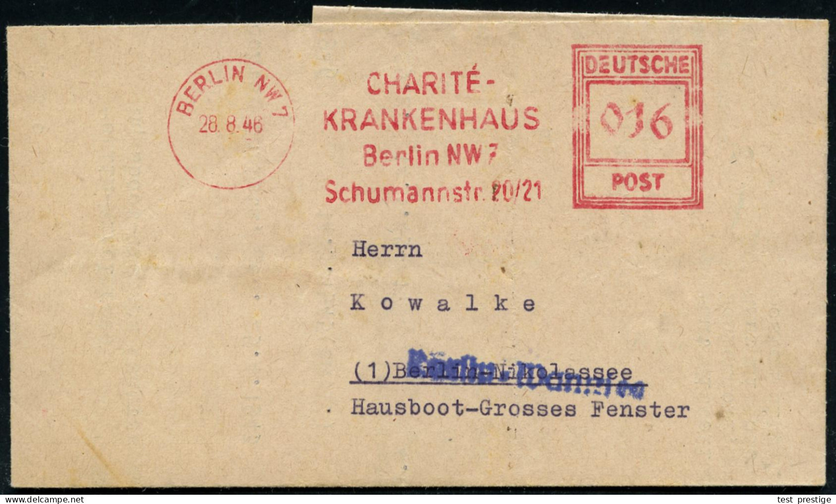 BERLIN NW 7/ CHARITE/ KRANKENHAUS.. 1948 (28.8.) Seltener AFS Francotyp "Hochrechteck" 016 Pf. Auf Orts-Falt-Bf. Mit Inh - Médecine