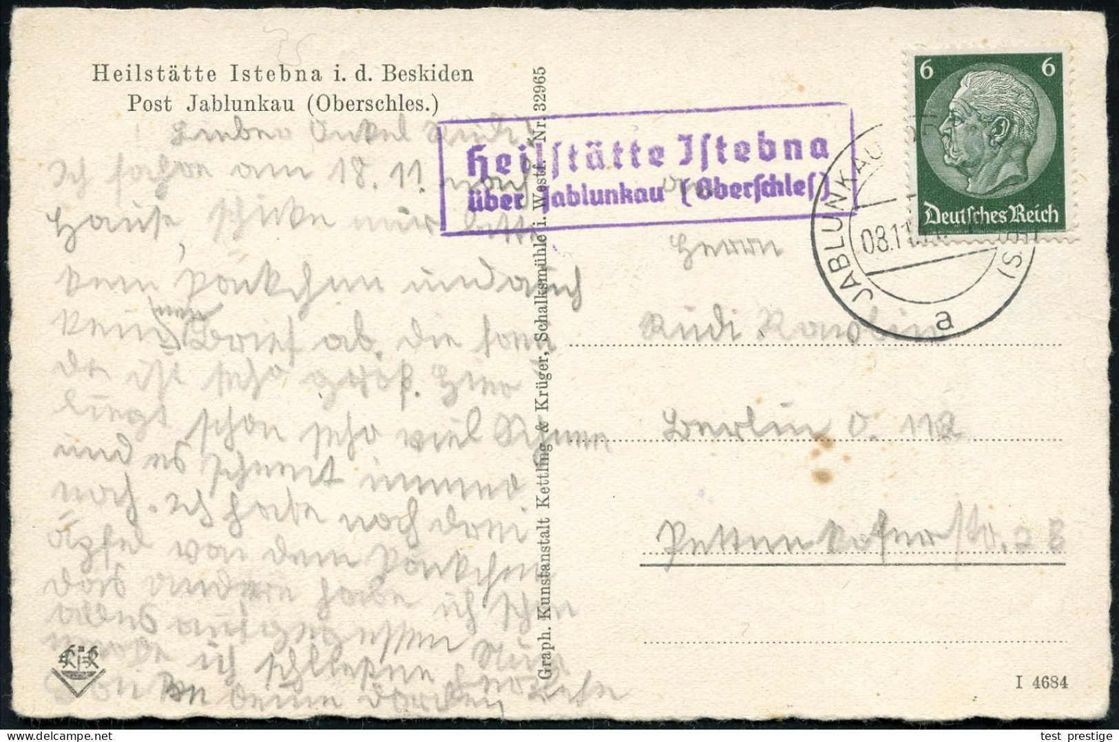 Jstebna  H E I L S T ä T T E/ über Jablunkau (Oberschles) 1941 (4.11.) Seltener Viol. Ra.2 = Hauspostamt PSt.II + 2K-Ste - Geneeskunde