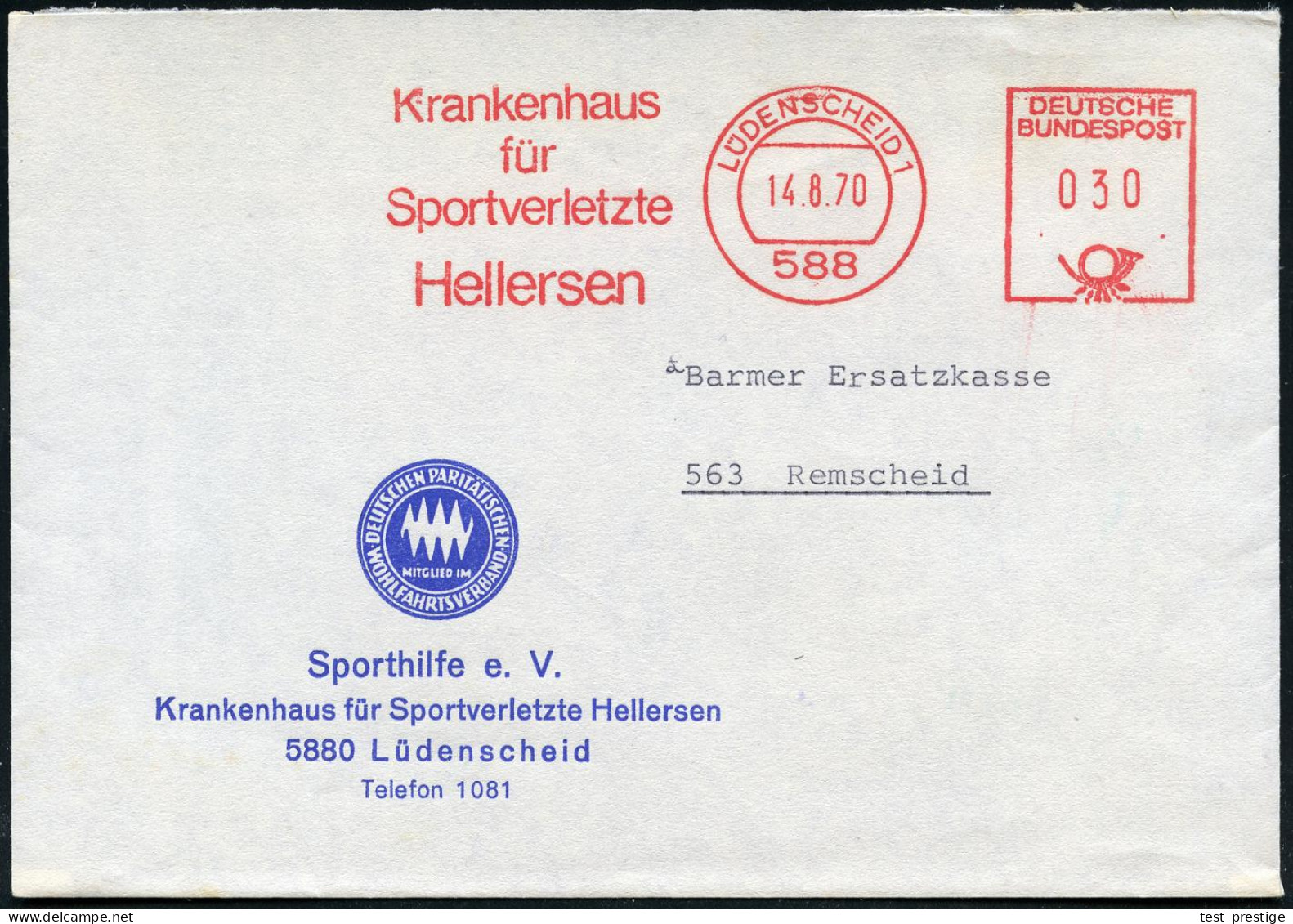 588 LÜDENSCHEID 1/ Krankenhaus/ Für/ Sportverletzte/ Hellersen 1970 (14.8.) Seltener AFS-Typ "Satas Baby" Auf Blauem Vor - Médecine