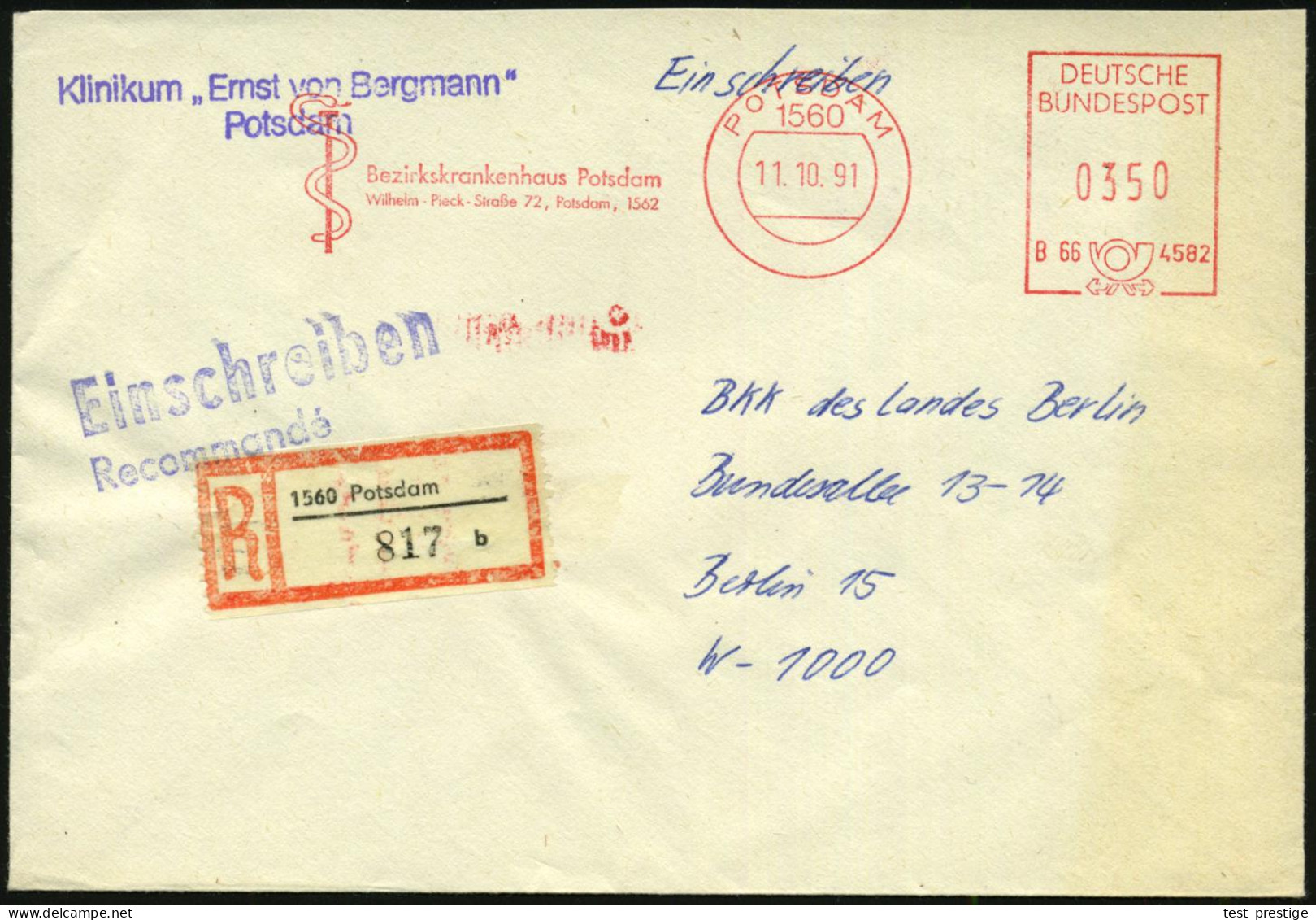 1560 POTSDAM/ B66 4582/ Bezirkskrankenhaus Potsdam/ Wilh.-Pieck-Straße.. 1991 (11.10.) AFS Postalia 0350 Pf. (Äskulapsta - Medicina