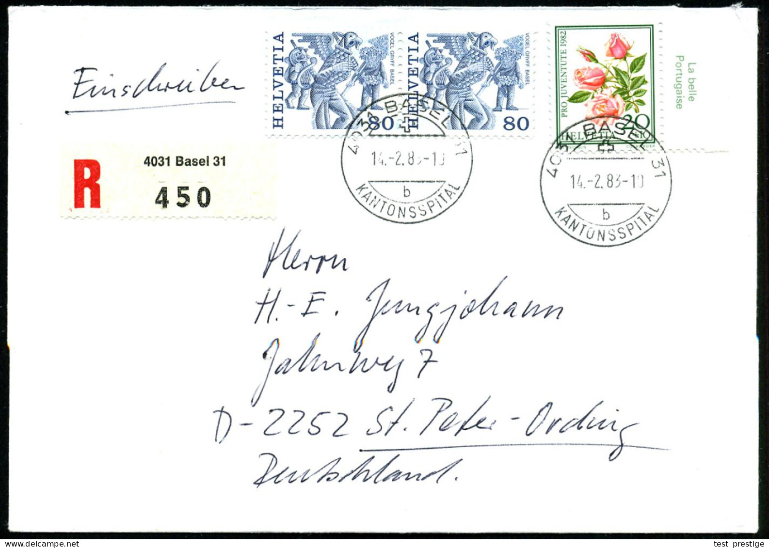 SCHWEIZ 1983 (14.2.) 1K-Hauspostamt: 4031 BASEL 31/b/ K A N T O S S P I T A L  2x + RZ: 4031 Basel 31 , Ausl.-R-Bf. (rs. - Médecine