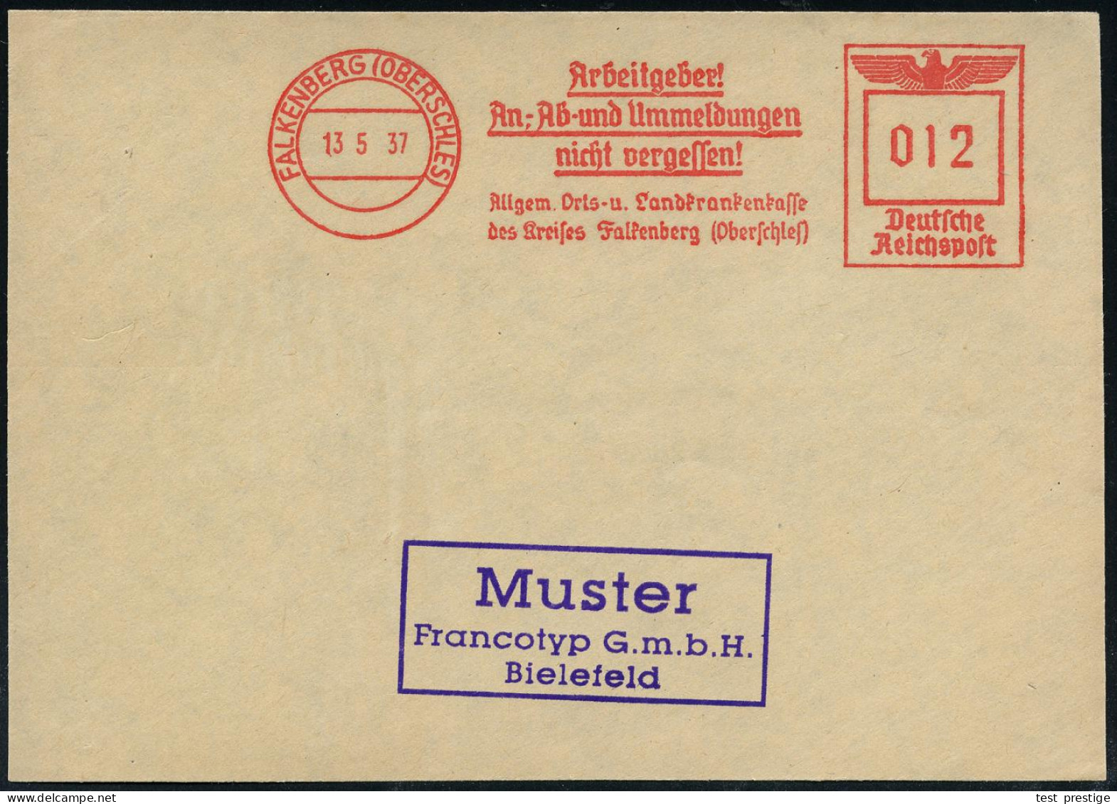 FALKENBERG (OBERSCHLES)/ Arbeitgeber!/ An-,Ab-u.Ummeldungen/ Nicht Vergessen!/ Allgem.Orts-u.Landkrankenkasse.. 1937 (13 - Otros