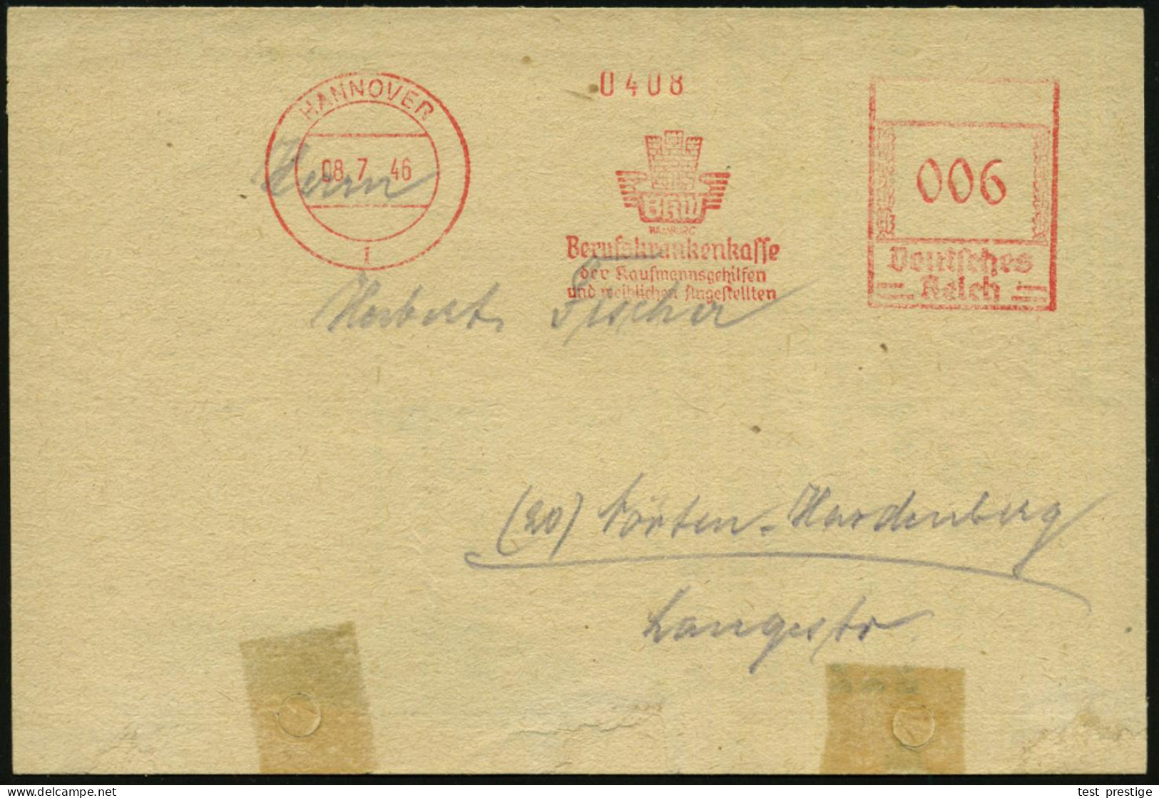 HANNOVER/ BKW/ HAMBURG/ Berufskrankenkasse/ Der Kaufmannsgehilfen/ U.weiblichen Angestellten 1946 (8.7.) Seltener, Aptie - Sonstige