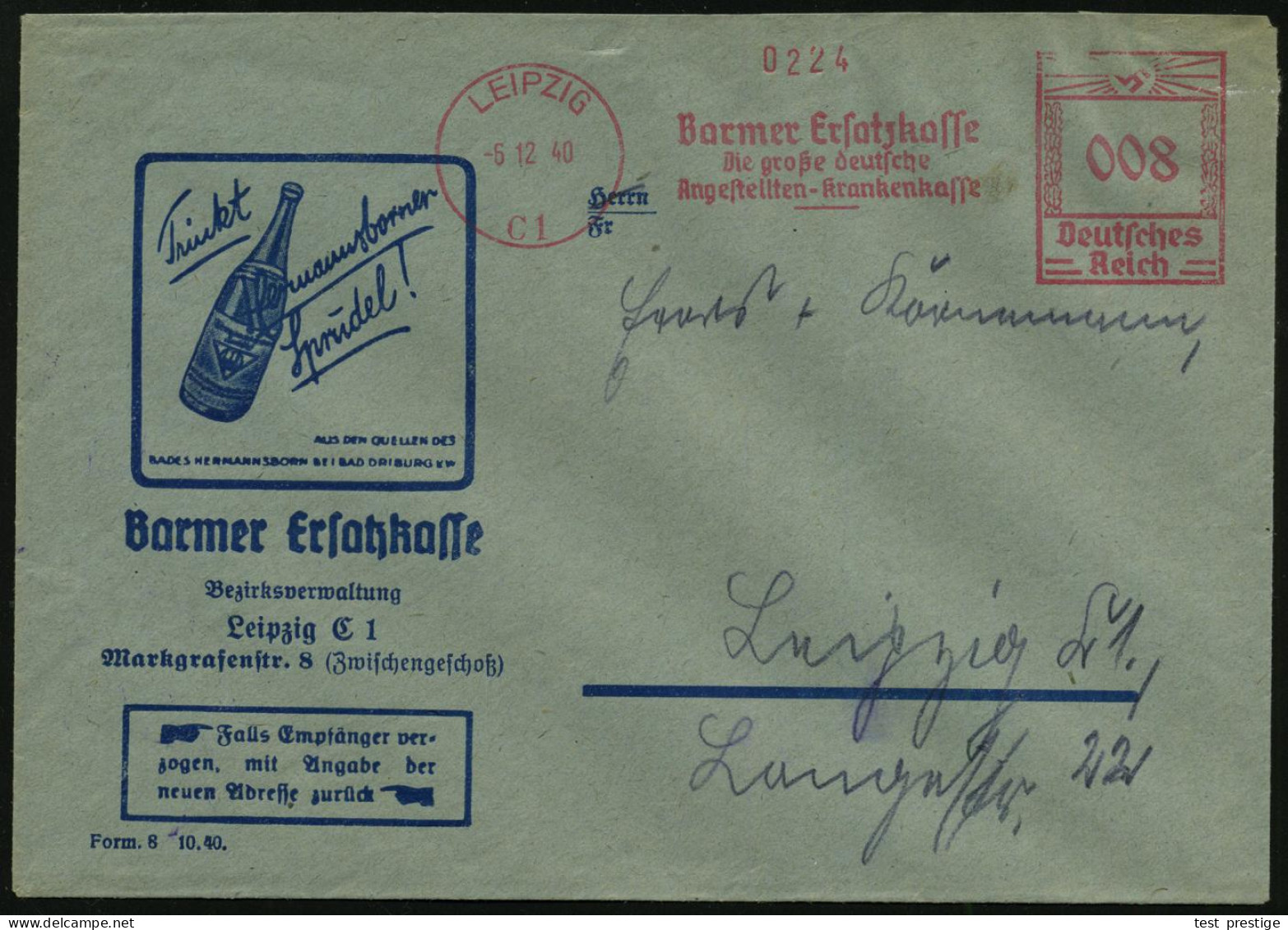 LEIPZIG/ C1/ Barmer Ersatzkasse/ Die Gr.deutsche/ Angestellten-Krankenkasse 1940 (6.12.) AFS Francotyp Auf Reklame-Bf.:  - Sonstige