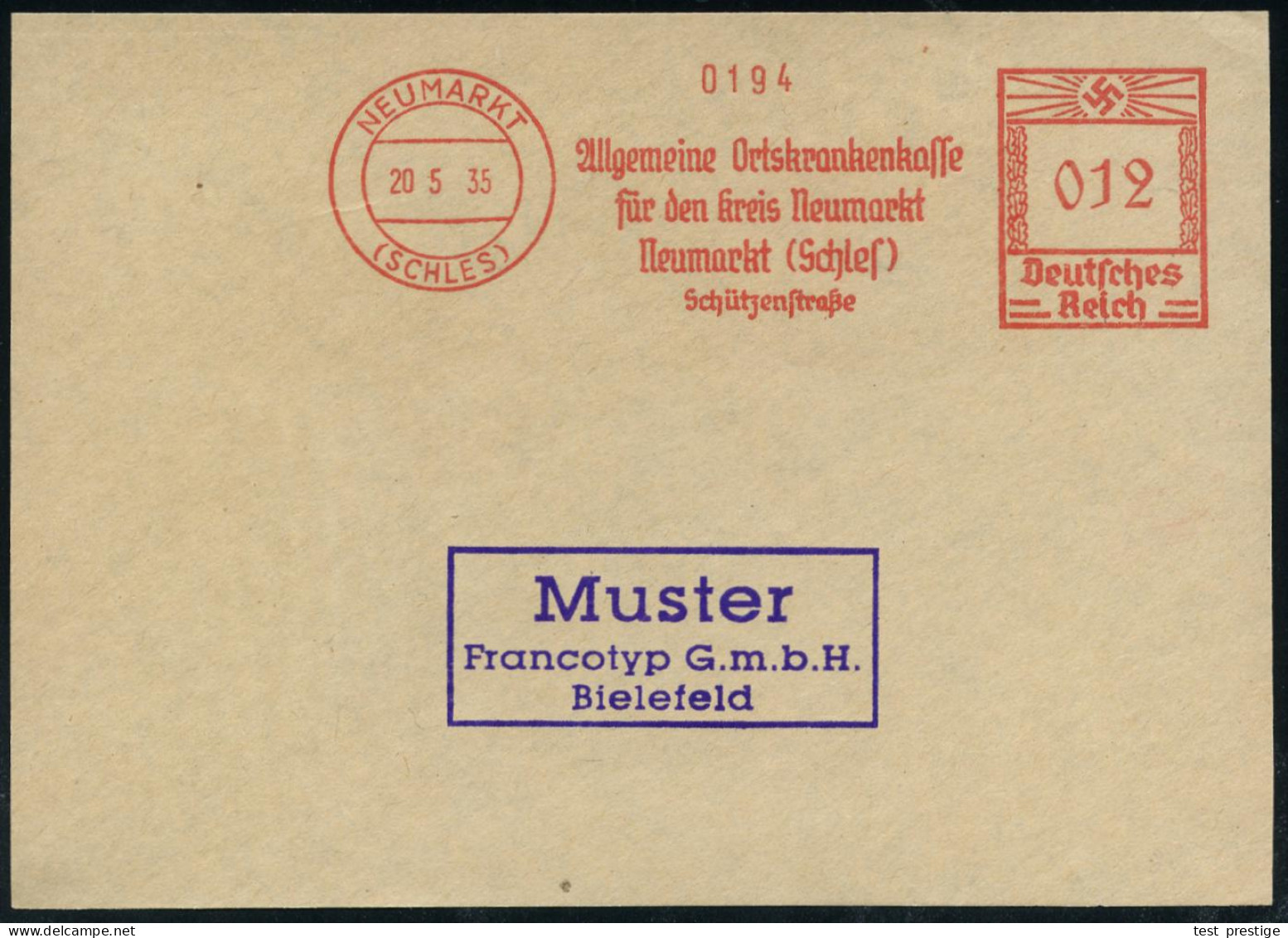 NEUMARKT/ (SCHLES)/ Allgem.Ortskrankenkasse/ Für Den Kreis Neumarkt.. 1935 (20.5.) AFS-Musterabdruck Francotyp "Hakenkre - Sonstige