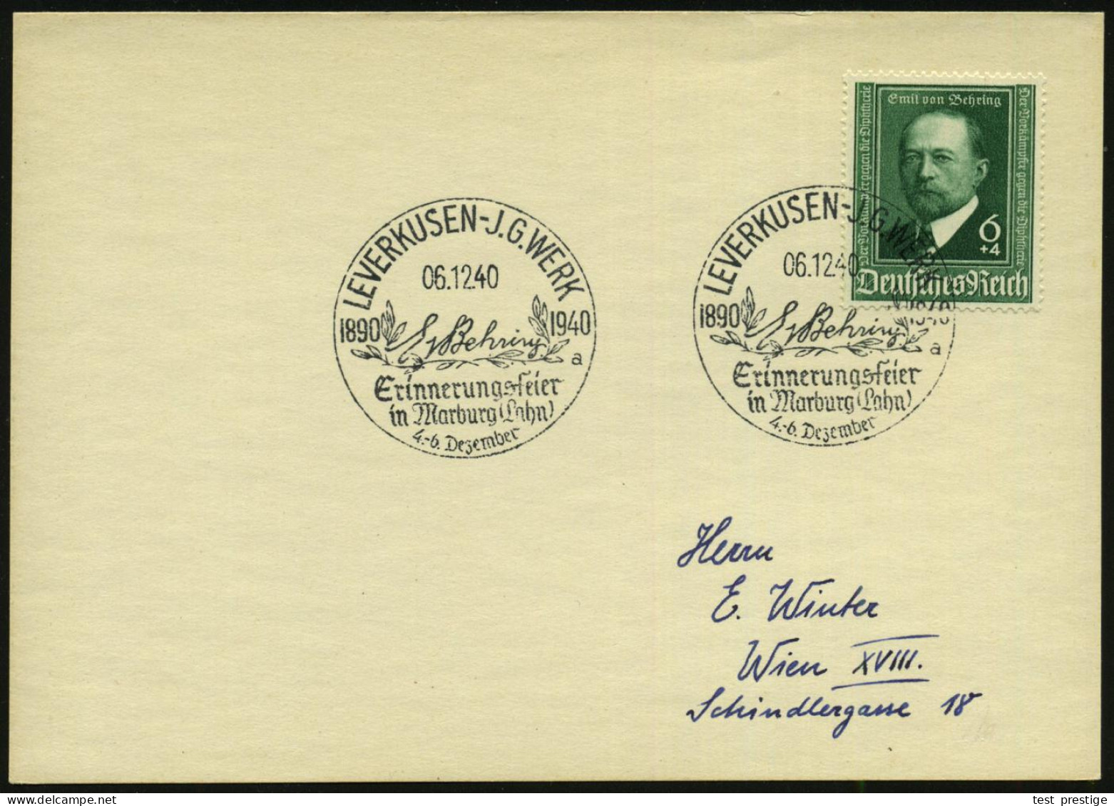 LEVERKUSEN-J.G.WERK/ A/ E V Behring/ Erinnerungsfeier.. 1940 (6.12.) SSt = Hauspostamt I.G.-Werk A. EF 6+4 Pf. E.v.Behri - Medicine