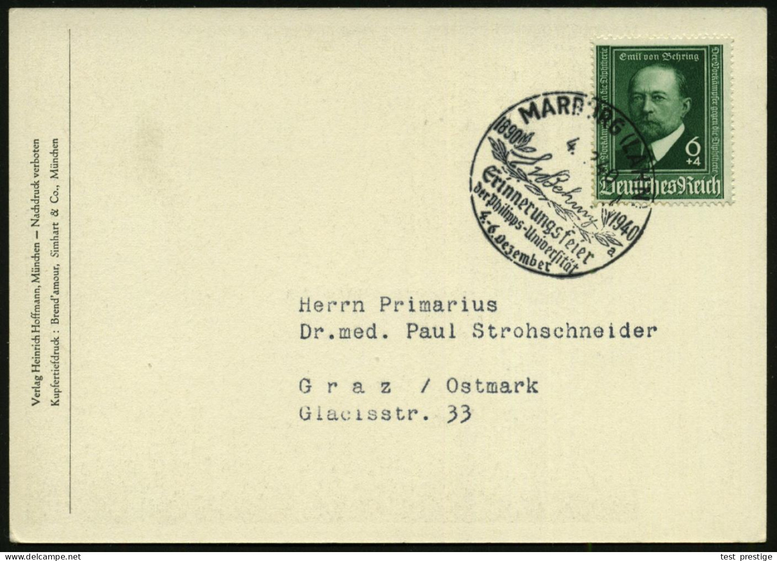 MARBURG (LAHN)/ E V Behring/ A/ Erinnerungsfeier.. 1940 (4.12.) SSt Auf EF 6 + 4 Pf. Emil V. Behring (Mi.760 EF) Auf Jub - Medicina