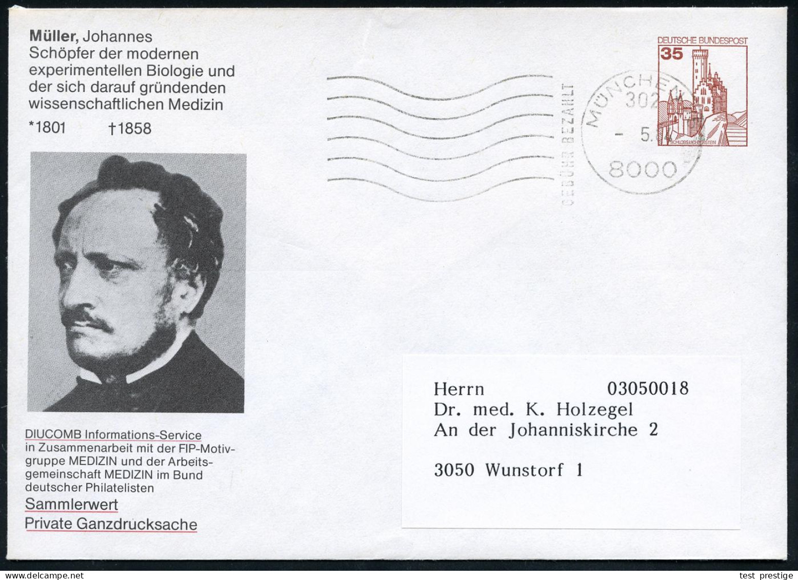 8000 MÜNCHEN 75/ 302/ GEBÜHR BEZAHLT 1984 (Mai) MaWellenSt. (= VE, Absenderstempel Fa. Diucomb) Auf PU 35 Pf. Burgen Br. - Medicina