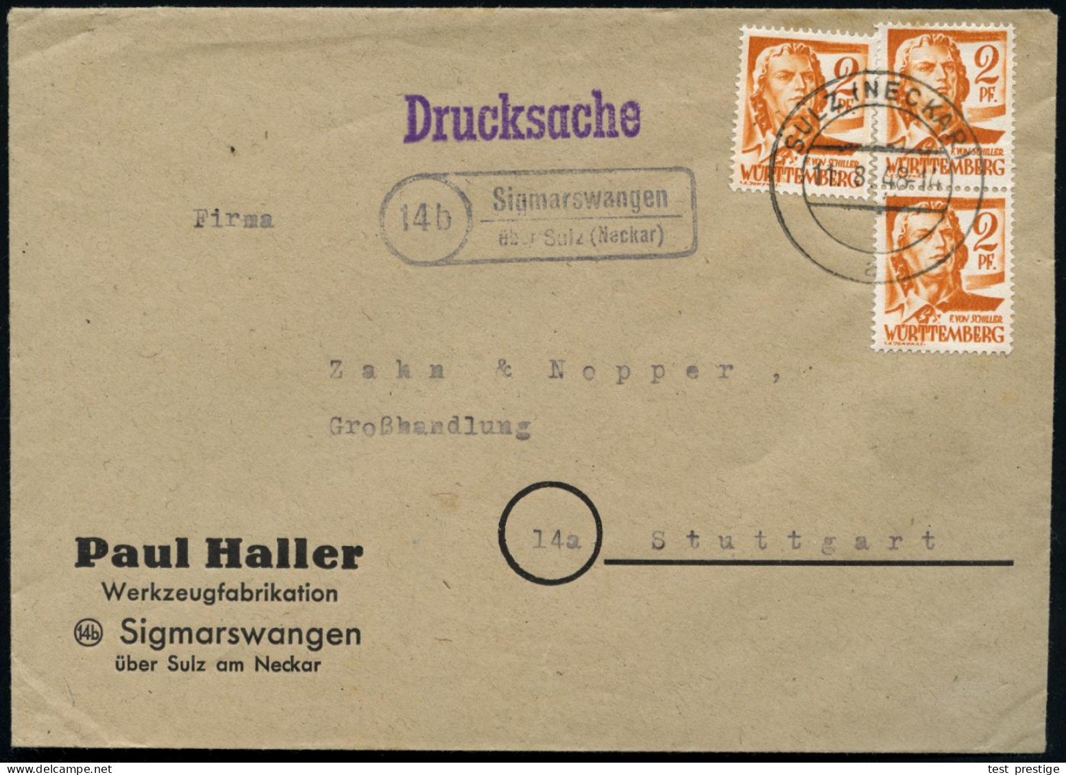 WÜRTTEMBERG 1948 (11.8.) Schiller 2 Pf. Orange, Reine MeF: 3 Stück , Klar Gest.: 2K-Steg: SULZ (NECKAR) + PSt.II-Ra: (14 - Medicina