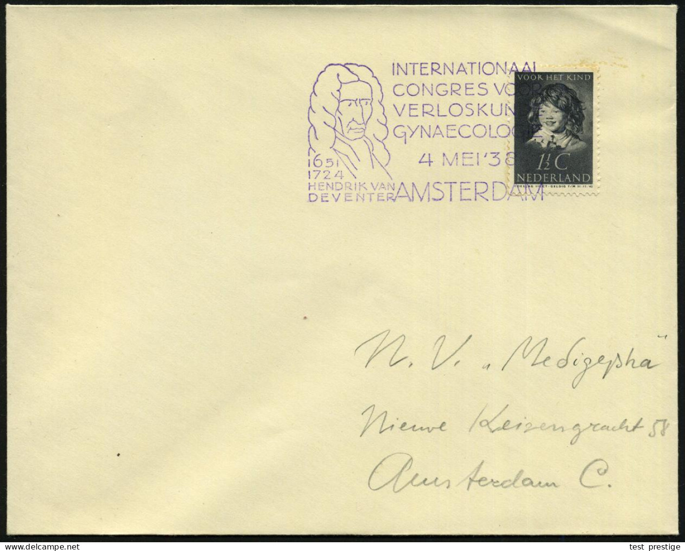 NIEDERLANDE 1938 (4.5.) Viol. SSt.: AMSTERDAM/INTERNAT./CONGRES VOR/..GYNAECOLOGIE (Brustbild ) = Gynäkologe Hendrik Van - Medicina