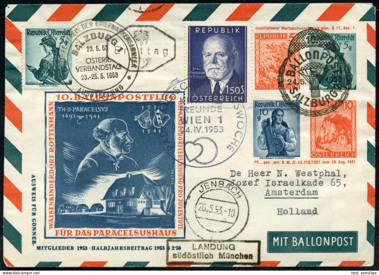 ÖSTERREICH 1953 (24.5.) PU 5 + 5 + 10 + 10 Gr. Trachten/Lanschaften: 10.BALLONPOST FÜR DAS PARACELSUSHAUS = Arzt Paracel - Medicine