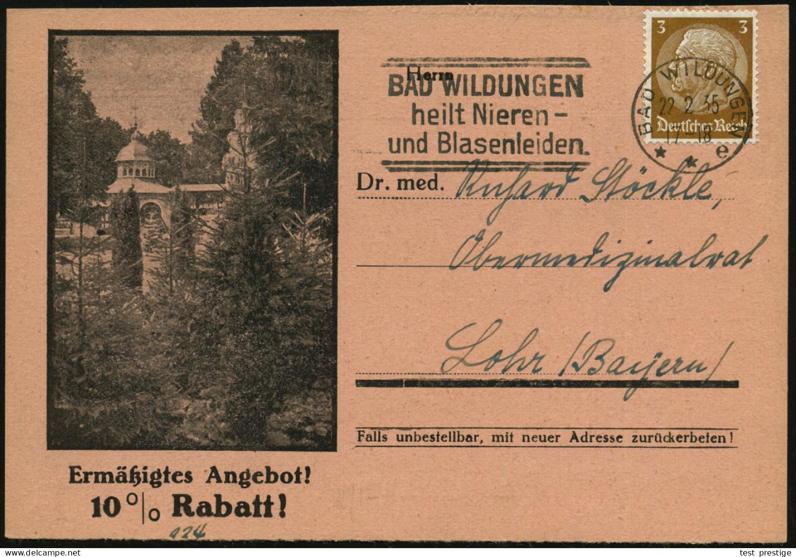 BAD WILDUNGEN/ **e/ Heilt Nieren-/ U-Blasenleiden 1935 (21.6.) MWSt Klar Auf (halber) Reklame-Kt.: Wildunger Königsquell - Krankheiten