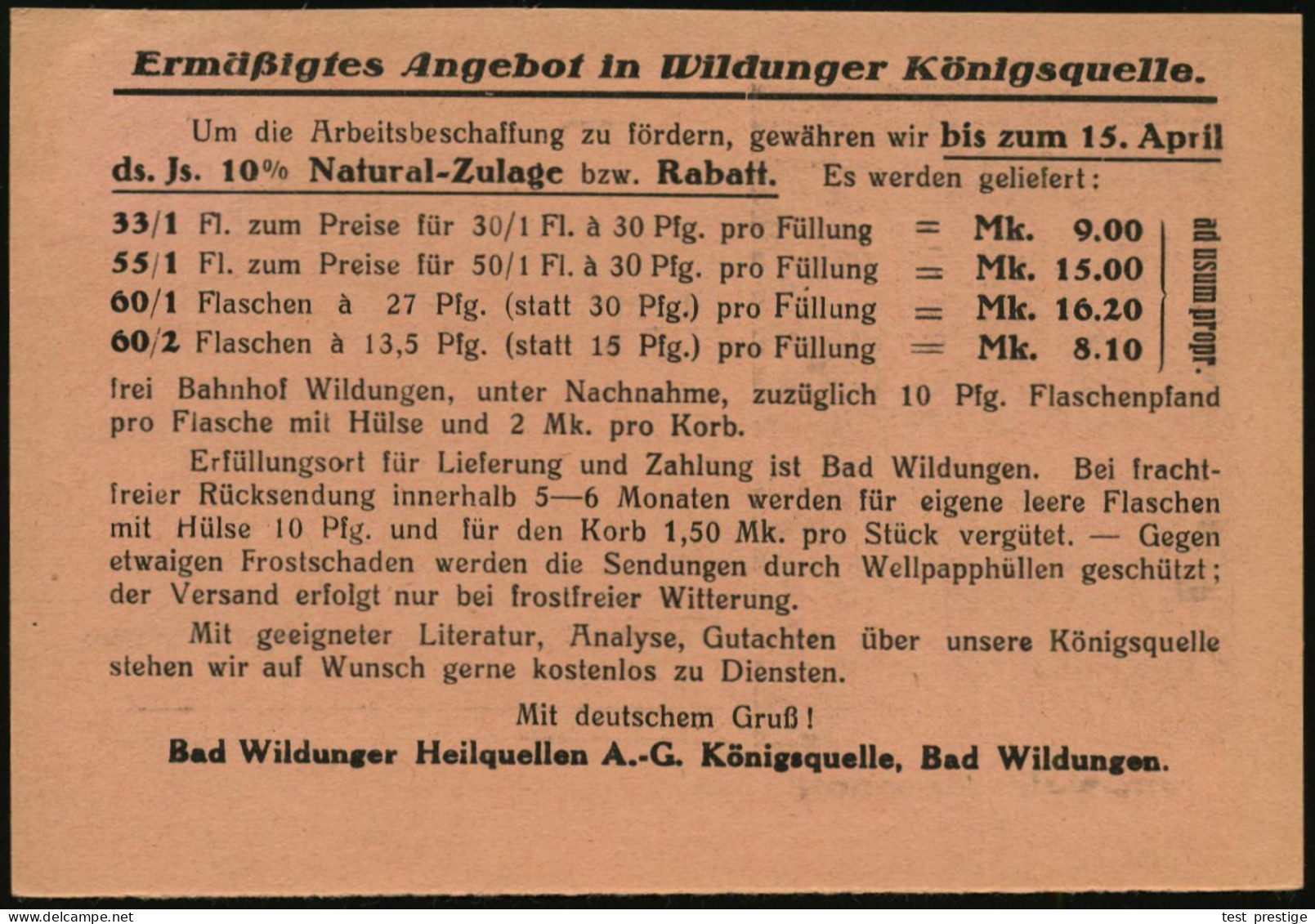 BAD WILDUNGEN/ **e/ Heilt Nieren-/ U-Blasenleiden 1935 (21.6.) MWSt Klar Auf (halber) Reklame-Kt.: Wildunger Königsquell - Krankheiten