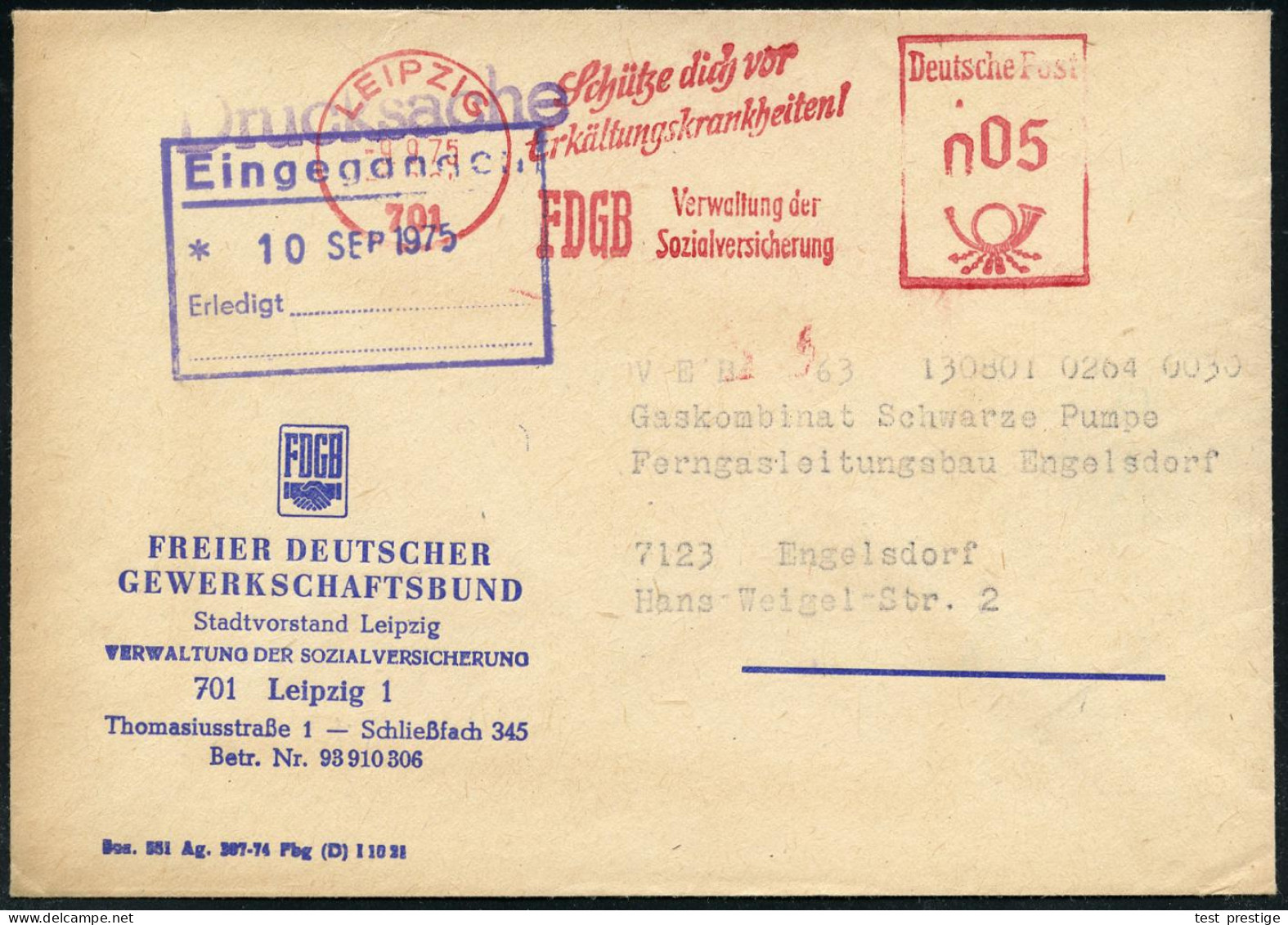 701 LEIPZIG/ Schütze Dich Vor/ Erkältungskrankheiten!/ FDGB.. 1976 (20.1.) AFS Francotyp Mit PLZ Auf Dienst-Bf.: FDGB (D - Enfermedades