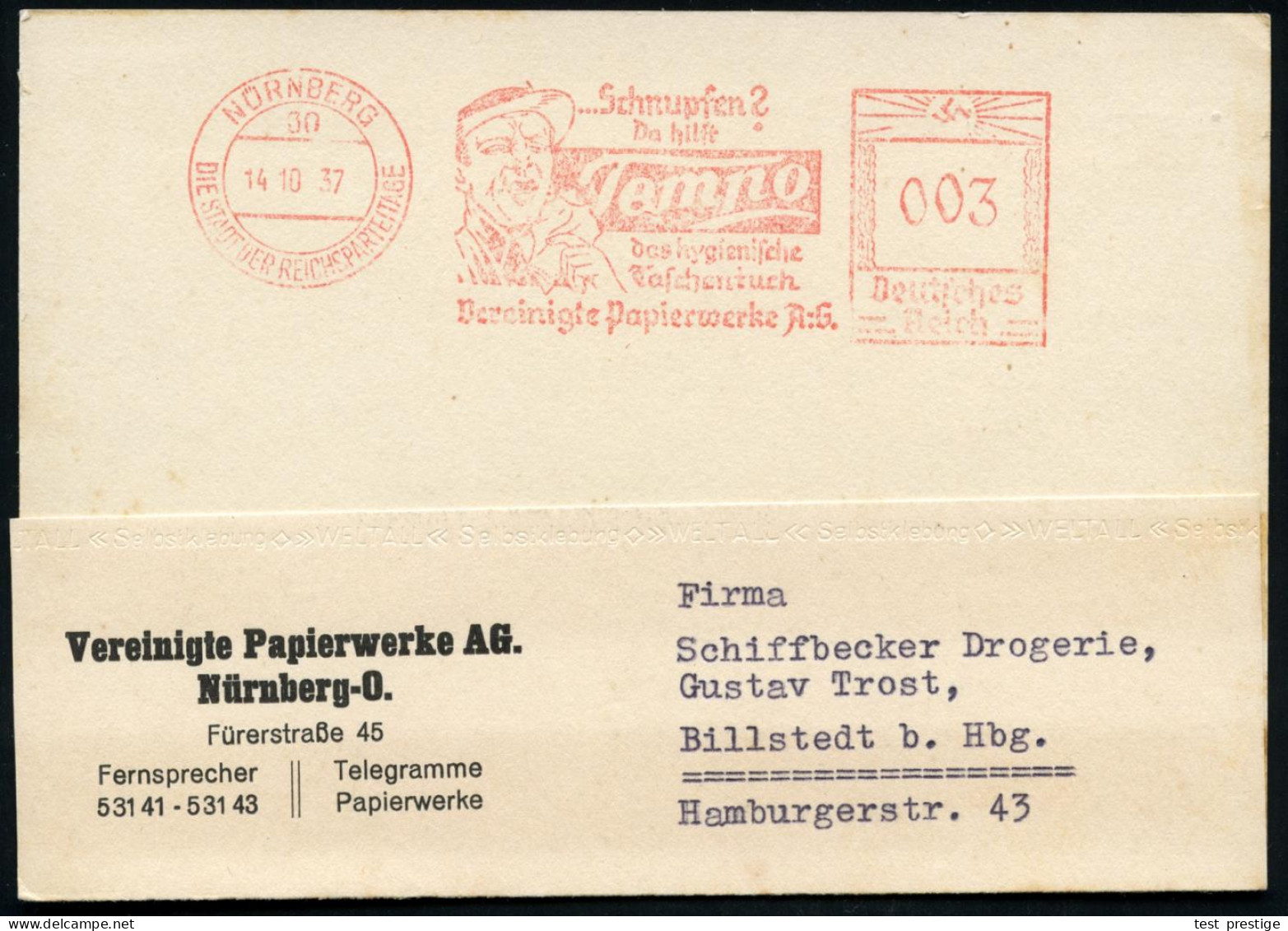 NÜRNBERG/ 30/ DSDR/ ..Schnupfen?/ Da Hilft/ Tempo/ Das Hygienische/ Taschentuch.. 1937 (14.10.) Dekorativer AFS Francoty - Disease