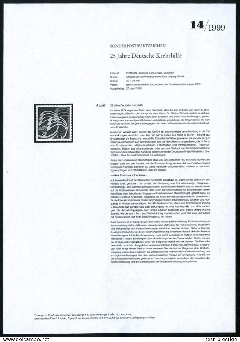 B.R.D. 1999 (Apr.) 110 Pf. "25 Jahre Deutsche Krebshilfe" Mit Amtl. Handstempel  "M U S T E R"   + Amtl. Ankündigungsbla - Enfermedades