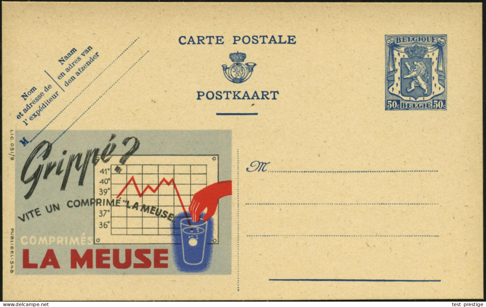 BELGIEN 1941 50 C. Reklame-P. Wappenlöwe. Blau: Grippé?..LA MEUSE = Fieber-Messblatt (mit Fieberkurve, Hand U. Glas Mit  - Maladies