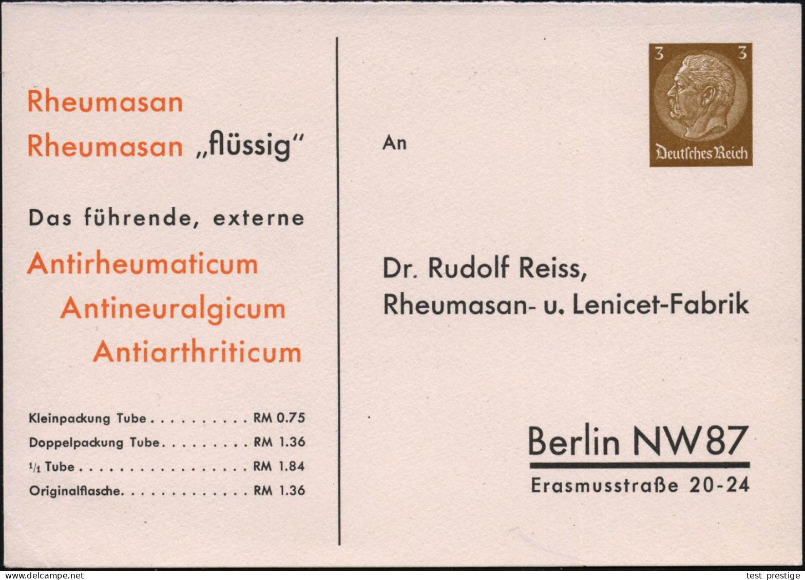 Berlin NW 87 1935 (ca.) Reklame-PP 3 Pf. Hindenburg, Braun: Rheumasan.. Dr. Rudolf Reiss/Rheumasan- U. Lenicet-Fabrik ,  - Enfermedades