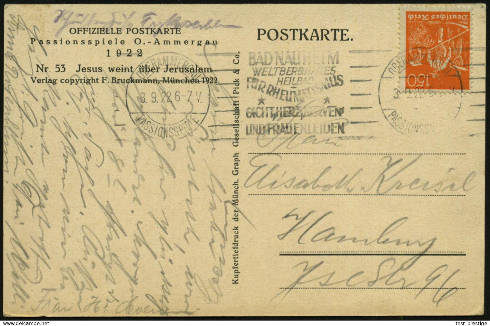 OBERAMMERGAU/ PASSIONSSPIELE/ BAD NAUHEIM/ ..HEILBAD/ FÜR RHEUMATISMUS/ GICHT.. 1922 (8.9.) Seltener Band-MWSt (Sonderfo - Enfermedades