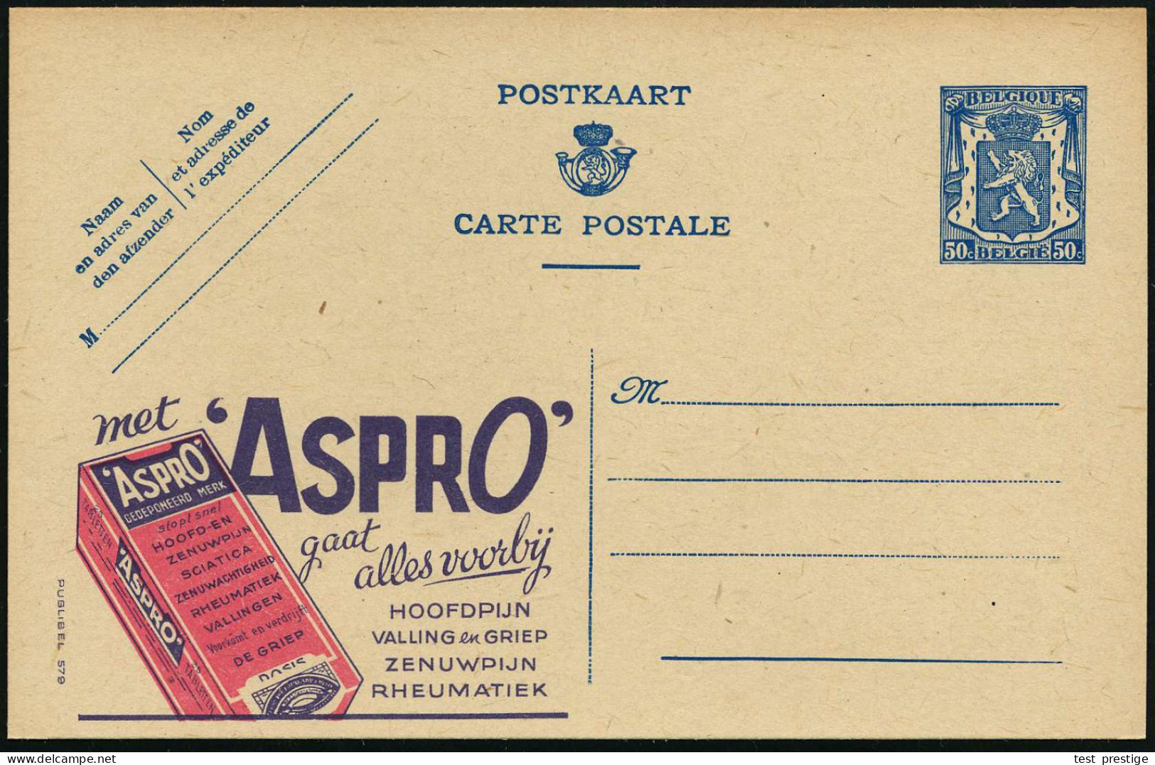 BELGIEN 1941 50 C. Reklame-P. Wappenlöwe, Blau: Met "ASPRO" Gaat Alles Voorbij, HOOFDPIJN.. RHEUMATIEK (Aspro-Packung) U - Enfermedades
