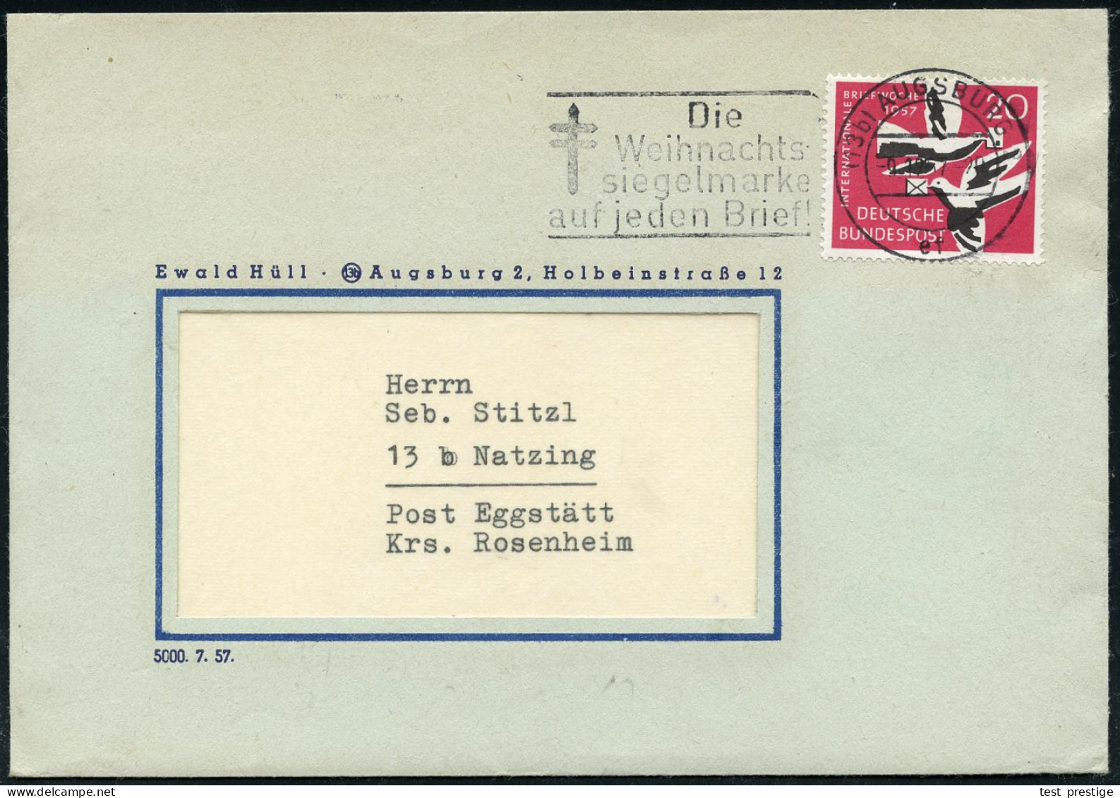 (13b) AUGSBURG 2/ Ef/ Die/ Weihnachts-/ Siegelmarke/ Auf Jeden Brief! 1957 (9.12.) Seltener MWSt (Tbc-Doppelkreuz) Rs. T - Disease