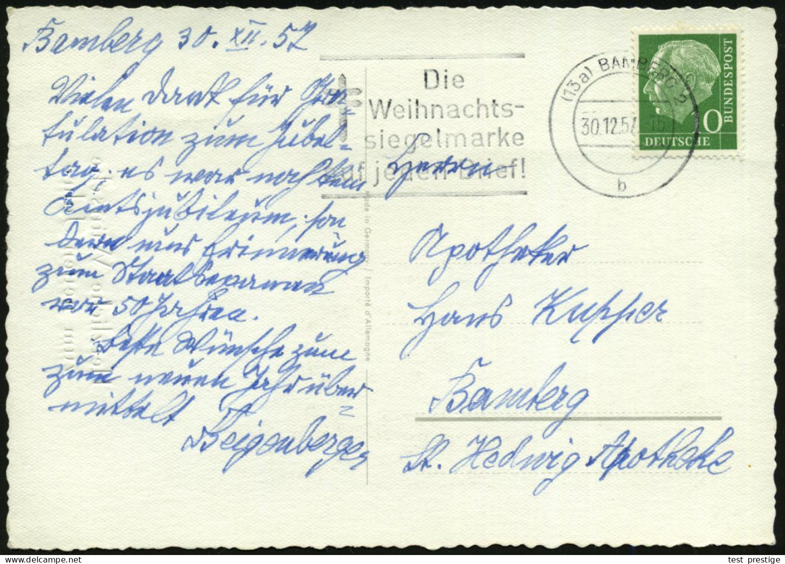 (13a) BAMBERG 2/ B/ Die/ Weihnachts-/ Siegelmarke/ Auf Jeden Brief! 1957 (30.12.) Seltener MWSt = Tbc-Doppelkreuz , Klar - Enfermedades