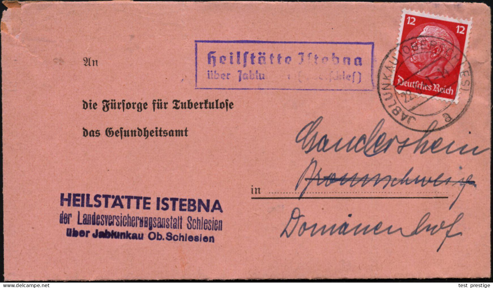 JABLUNKAU (OBERSCHLES)/ A 1941 (22.5.) 2K-Steg + Viol. Ra.2: Heilstätte Jstebna/über Jablunkau (Oberschles) = PSt.II Hau - Disease