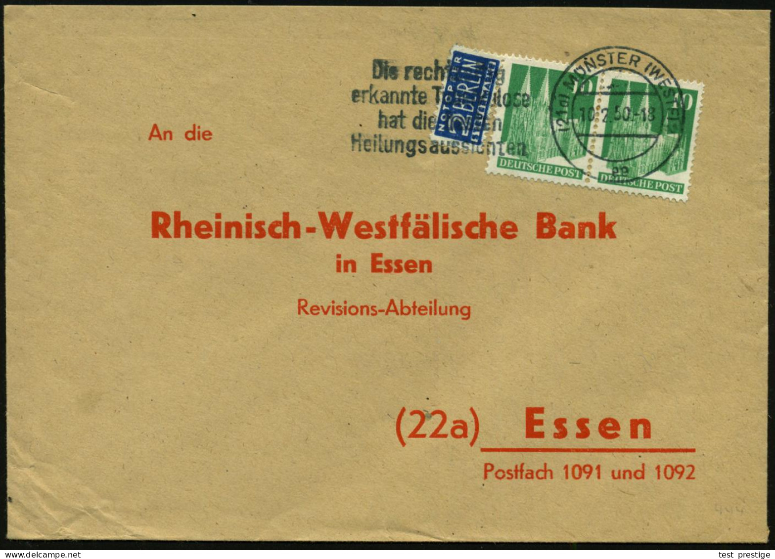 (21) MÜNSTER (WESTF)2/ B/ Die Rechtzeitig/ Erkannte Tuberkulose.. 1950 (10.2.) Seltener MWSt Klar Auf Bauten-Frankatur,  - Ziekte