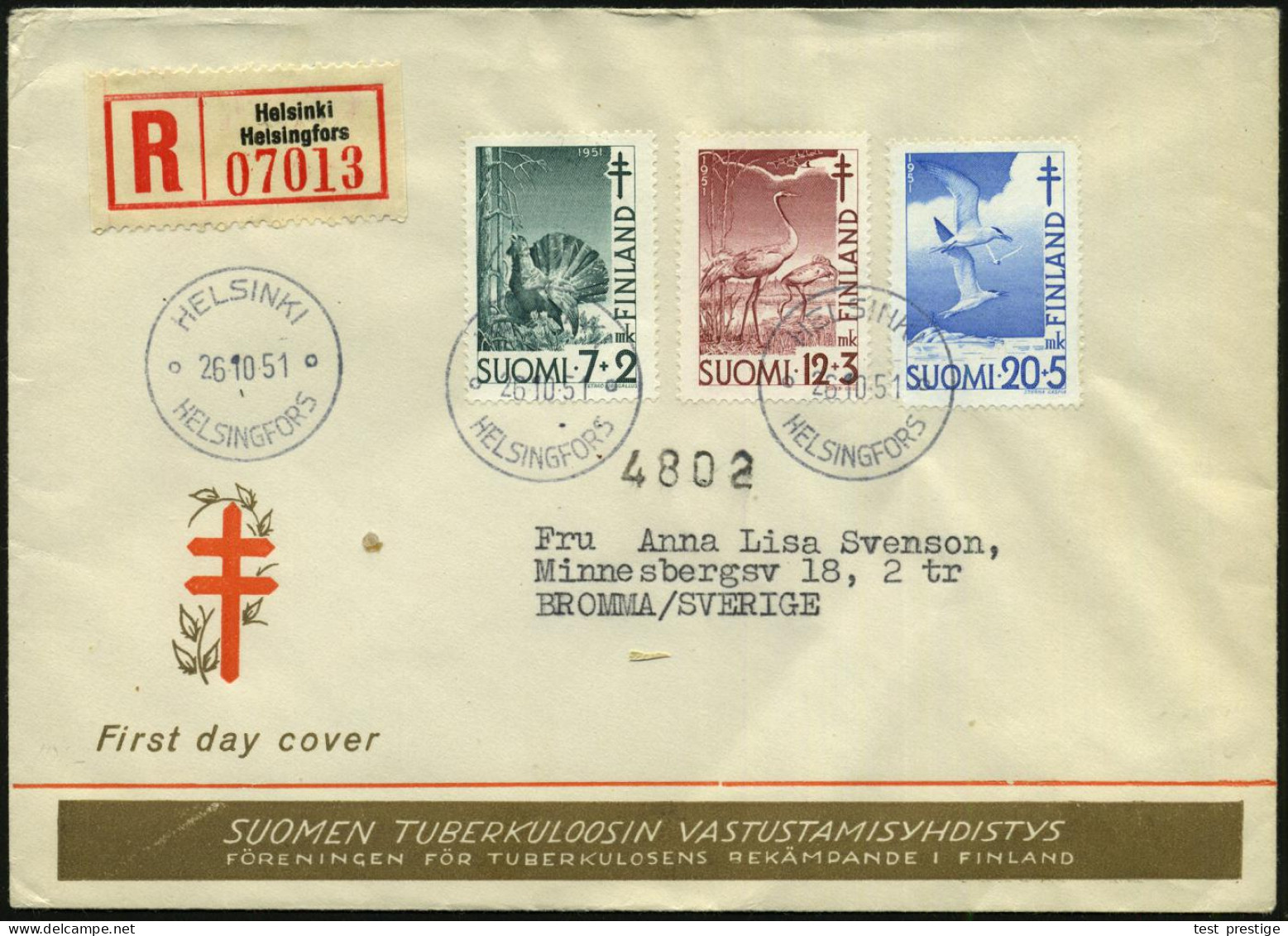 FINNLAND 1951 (26.10.) Tbc-Fond, Kompl.Satz (Vögel) + RZ: Helsinki.., Klar Gest. Ausl.-R-FDC-SU.! = Tbc-Fond  (Mi.396/98 - Krankheiten