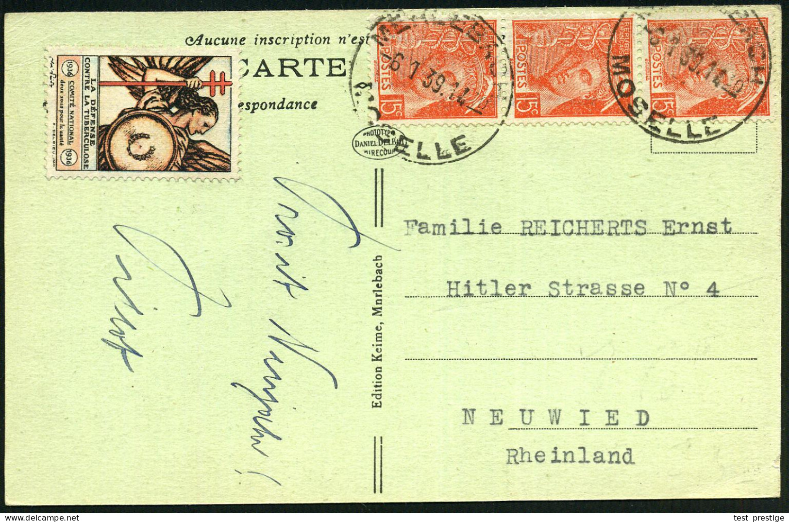 FRANKREICH 1939 (6.1.) Tbc-National-Komitee, Spendenmarke 1936 (Engel Mit Tbc-Kreuz) + 3x 15 C. Hermes, Klar Gest. Ausl. - Disease