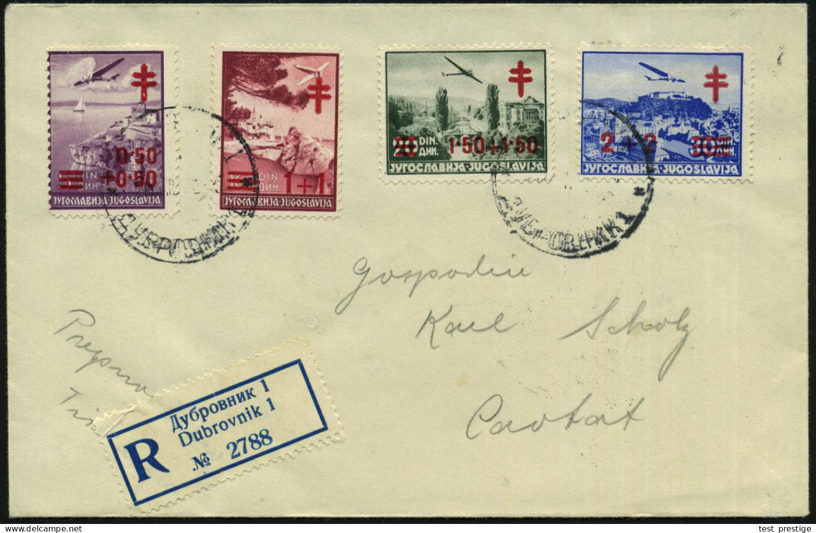 JUGOSLAWIEN 1941 (20.3.) Tbc-Zuschlagssatz Kompl. , Sauber Gest. +blauer  RZ: Dubrovnik 1, Inl.-R-Bf.  (Mi.429/32) - TUB - Krankheiten