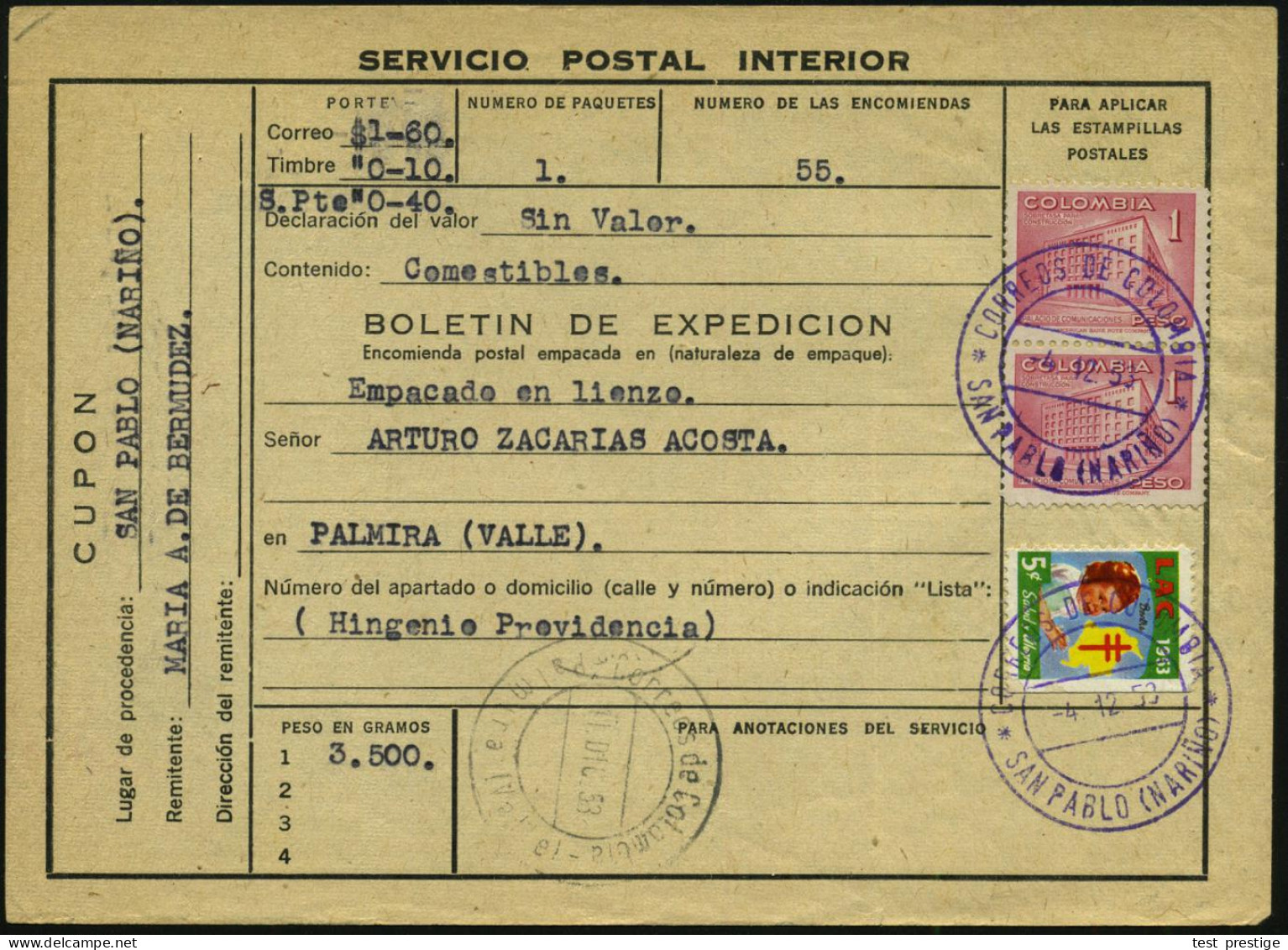 KOLUMBIEN 1953 Tbc-Spendenmarke 5 C. LAC (Kind) Gest. + Frankatur Auf Inl.-Paket-Einl.-Schein! ("Servicio Postal Interio - Krankheiten