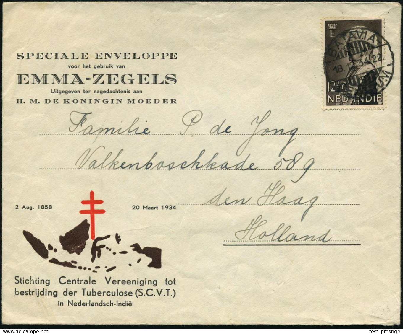 NIEDERL.INDIEN 1934 (18.12.) 12 1/2 C. "Emma"-Marke, EF = Tbc-Fond , 1K-Gitter: BATAVIA, Tbc-Spenden-Umschlag "S.C.V.T." - Disease