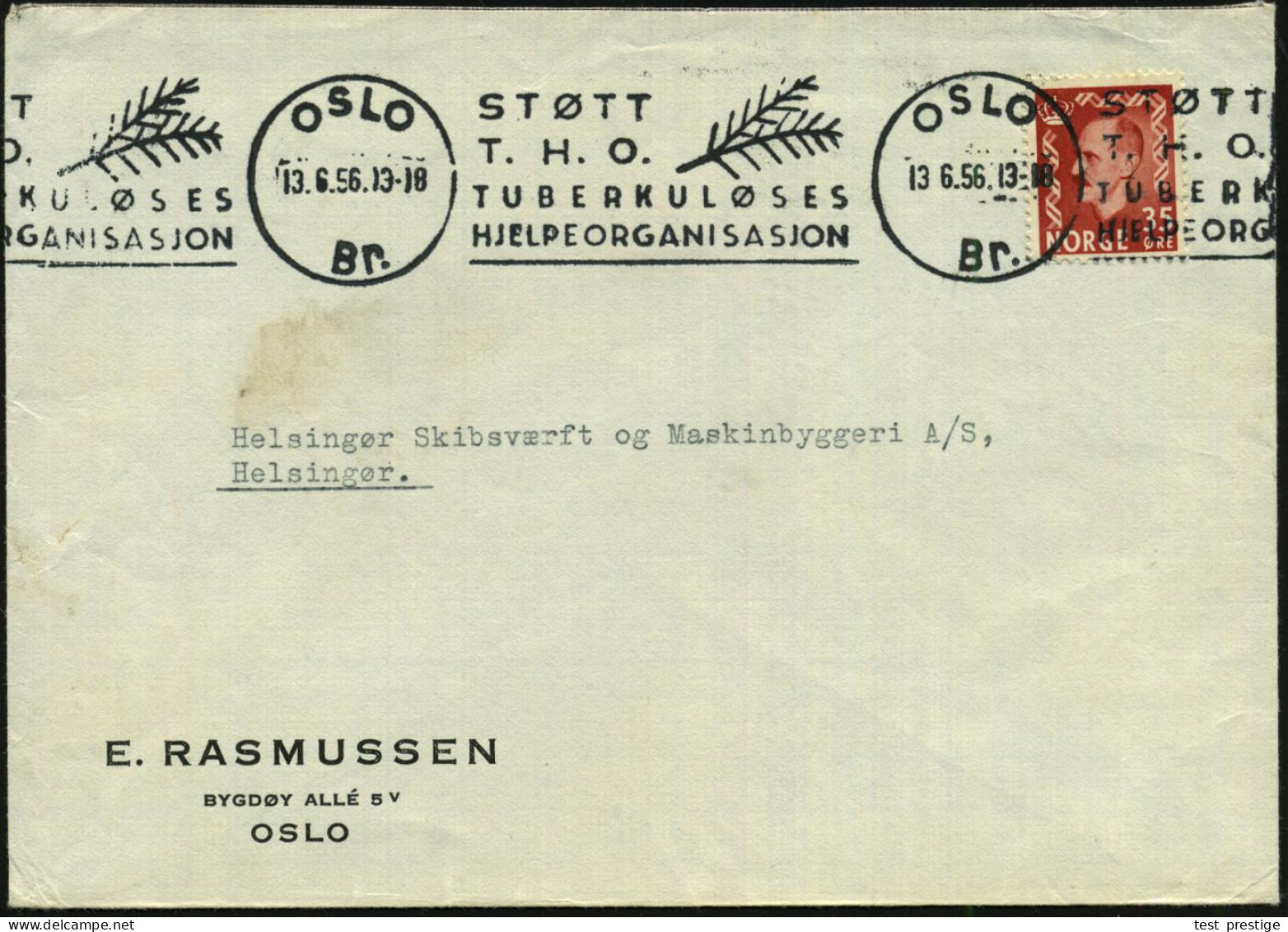 NORWEGEN 1956 (Juni) Band-MWSt: OSLO/Br./STÖTT/T.H.O./TUBERKULÖSES/HJELPEORGANISASJON (Zweig) Klar Gest. Bedarfsbf. - TU - Krankheiten