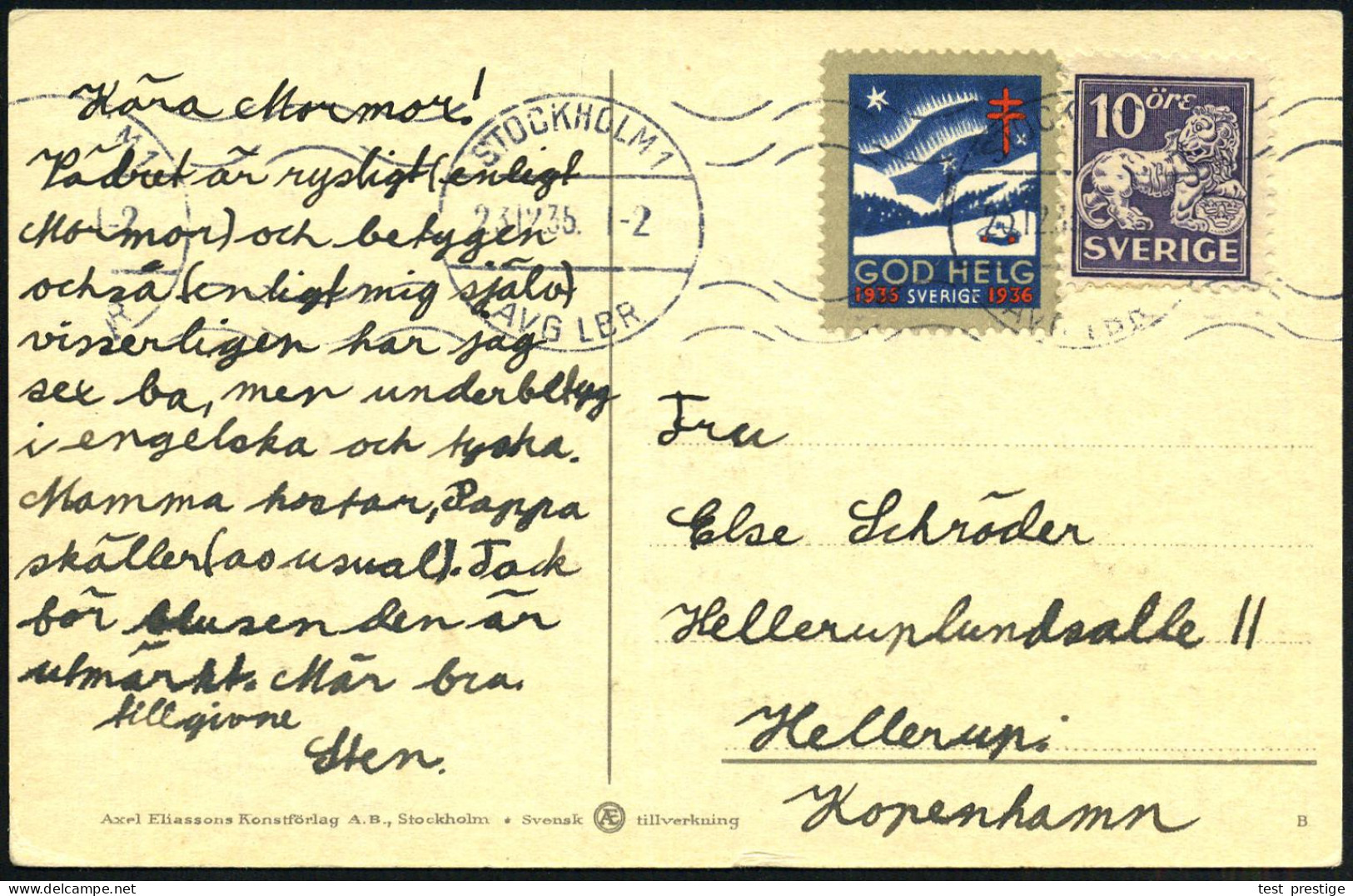 SCHWEDEN 1935 (23.12.) Tbc-Weihnachts-Spendenmarke "GOD HELG" 1935-36 (Nordlicht) Mit Frankatur Abgestempelt, Dekorative - Maladies