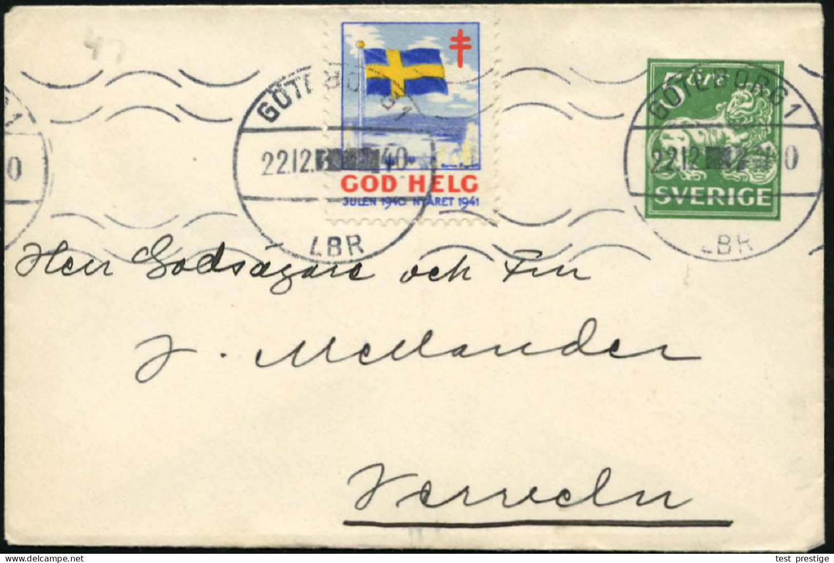 SCHWEDEN 1940 (22.12.) 5 Ö. U Löwe, Grün + Tbc-Weihnachts-Spendenmke. "GOD HELG 1940 1941" (schwed. Flagge) Abgestempelt - Disease