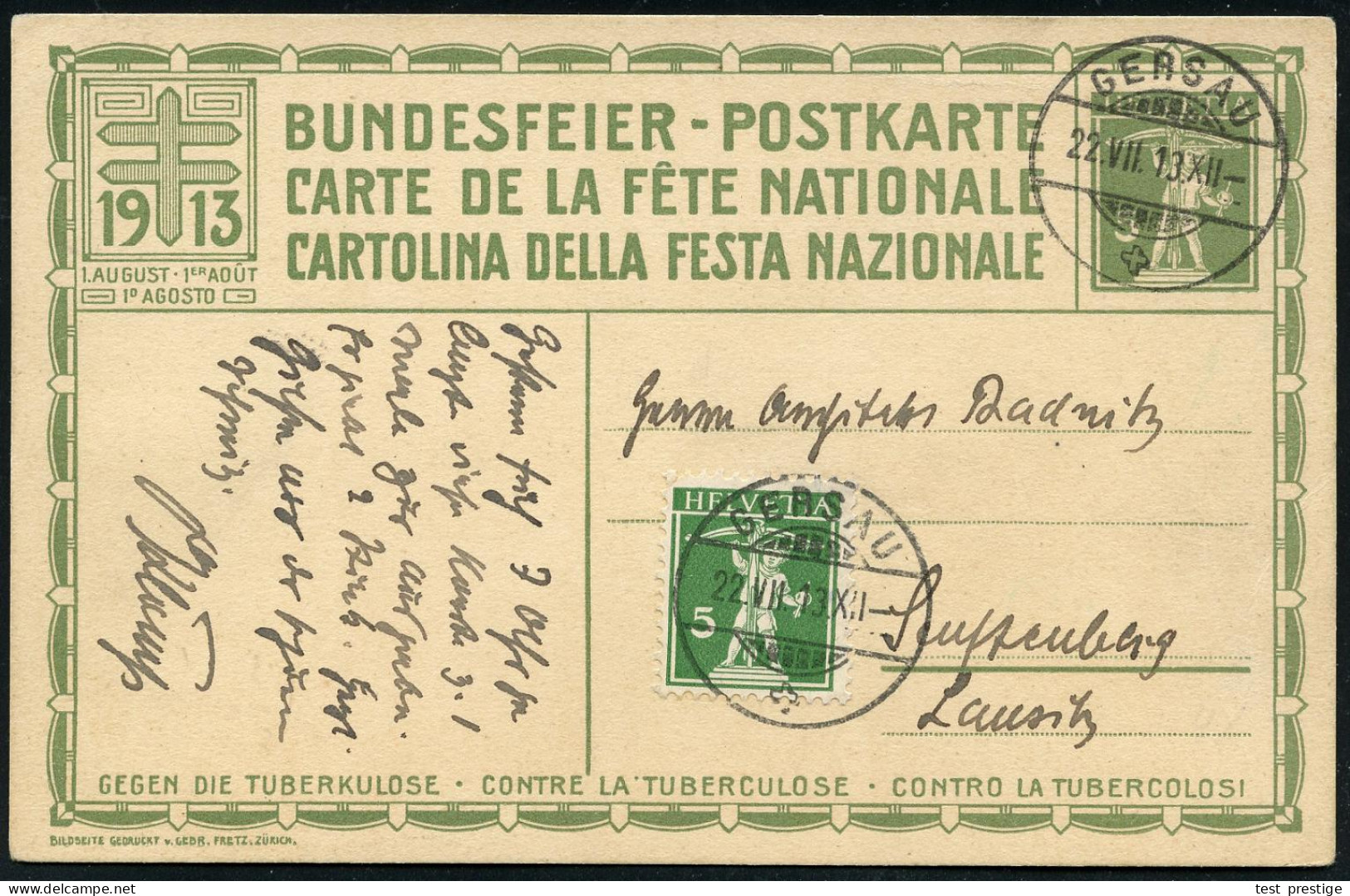SCHWEIZ 1913 (22.7.) 5 C. Bundesfeier-P. Tellknabe, Grün: Tbc-Fond "Rütli" (Schweizer In Festtracht) + Zusatzfrankatur,  - Disease