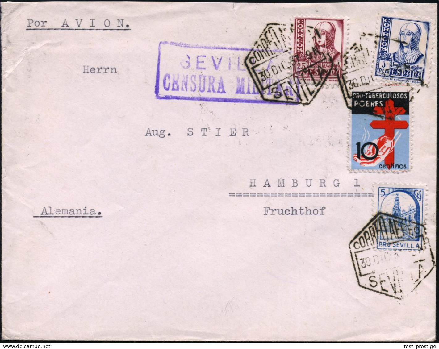 SPANIEN 1937 (30.12.) Tbc-Zwangszuschlag 10 C. + Isabella 25 C. U.1 Pta. + Lokalmarke 5 C. "PRO SEVILLA" + Vs. Viol. Zen - Krankheiten