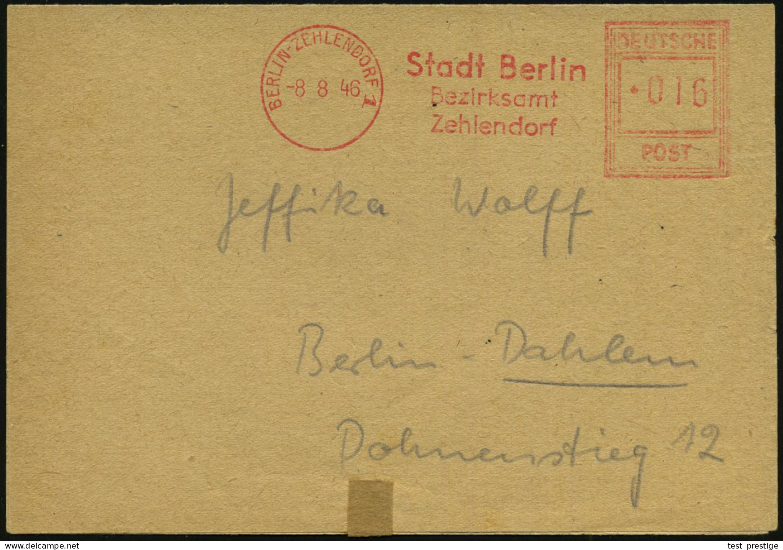 BERLIN-ZEHLENDORF 1/ Stadt Berlin/ Bezirksamt/ Zehlendorf 1946 (Aug.) Seltener AFS-Typ "Hochrechteck" Auf Dienst-Faltbf  - Disease