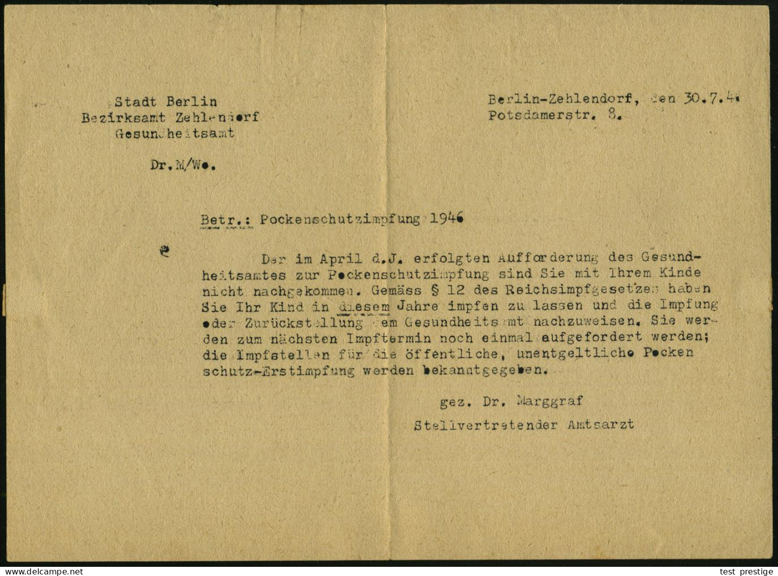 BERLIN-ZEHLENDORF 1/ Stadt Berlin/ Bezirksamt/ Zehlendorf 1946 (Aug.) Seltener AFS-Typ "Hochrechteck" Auf Dienst-Faltbf  - Krankheiten