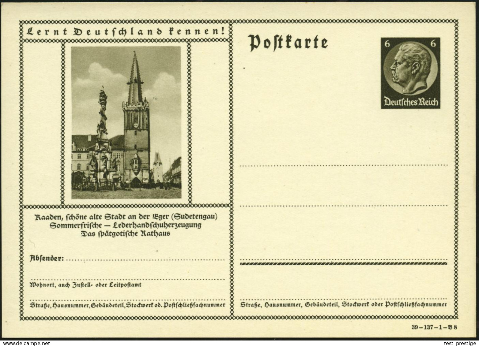 Kaaden/ Eger 1939 6 Pf. BiP Hindenburg, Braun:  P E S T S ä U L E (u. Kirche) Ungebr., Vergl. Los Nr.7359  (Mi.P 236/39- - Maladies