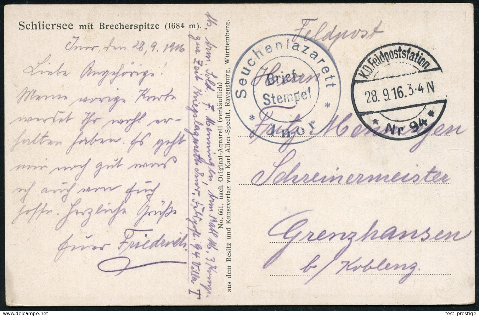 DEUTSCHES REICH 1916 (28.9.) 1K-Brücke: K. D. Feldpoststation/* Nr. 94 * (HB Nr.1843) + Schw.-viol. 2K-HdN: Seuchenlazar - Enfermedades