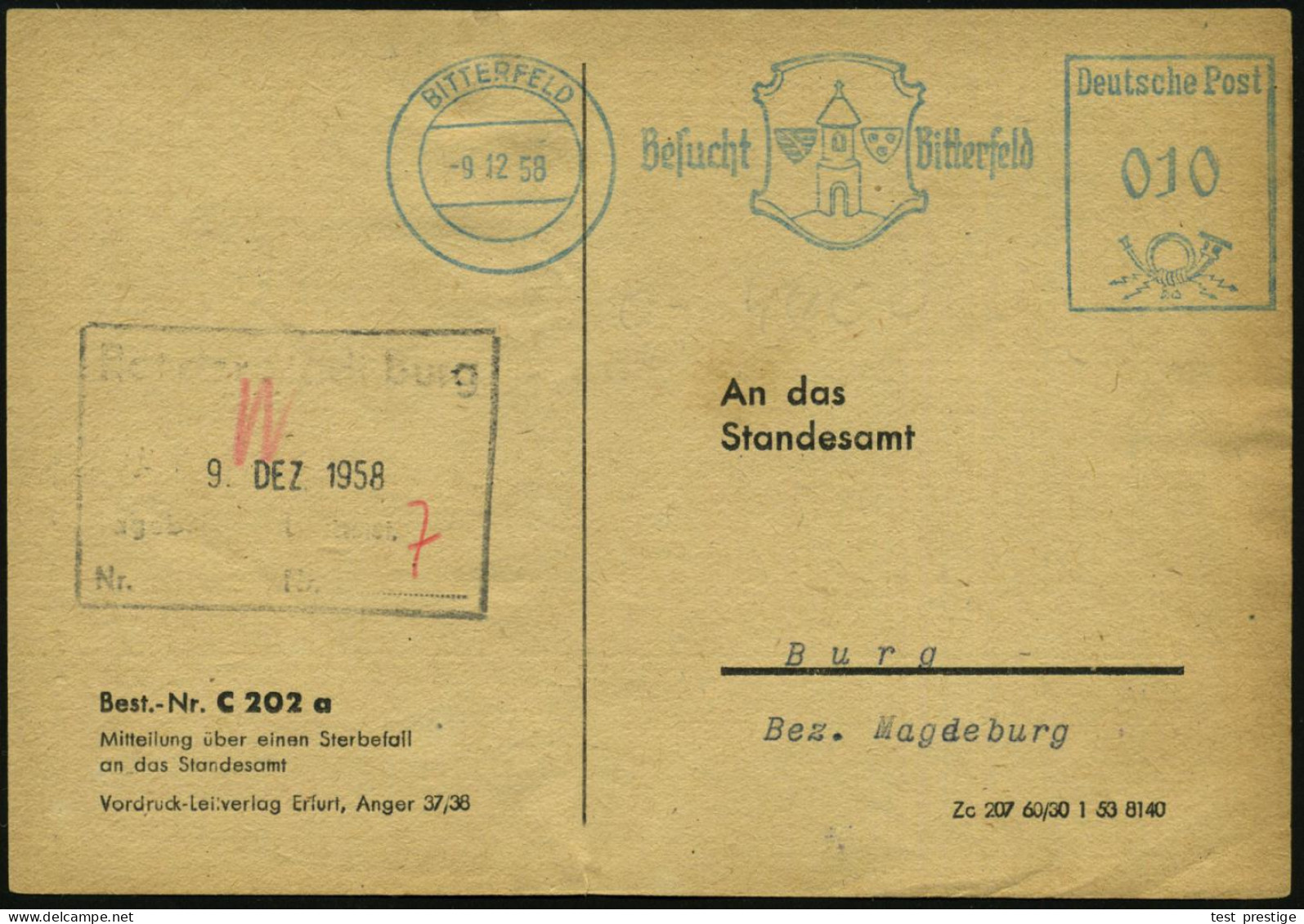 BITTERFELD/ Besucht Bitterfeld 1958 (9.12.) Blauer AFS = DDR-Dienstfarbe (Stadtwappen) Kommunal-Kt.: Mitteilung über Ein - Medicina