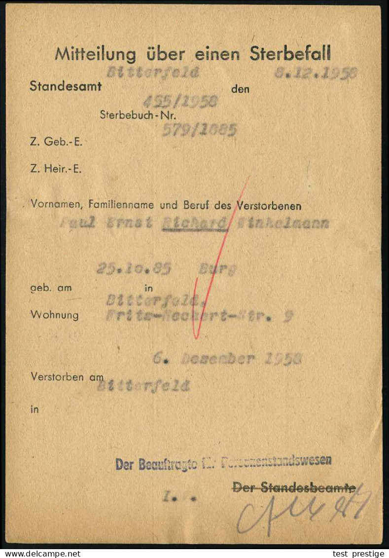 BITTERFELD/ Besucht Bitterfeld 1958 (9.12.) Blauer AFS = DDR-Dienstfarbe (Stadtwappen) Kommunal-Kt.: Mitteilung über Ein - Medicina