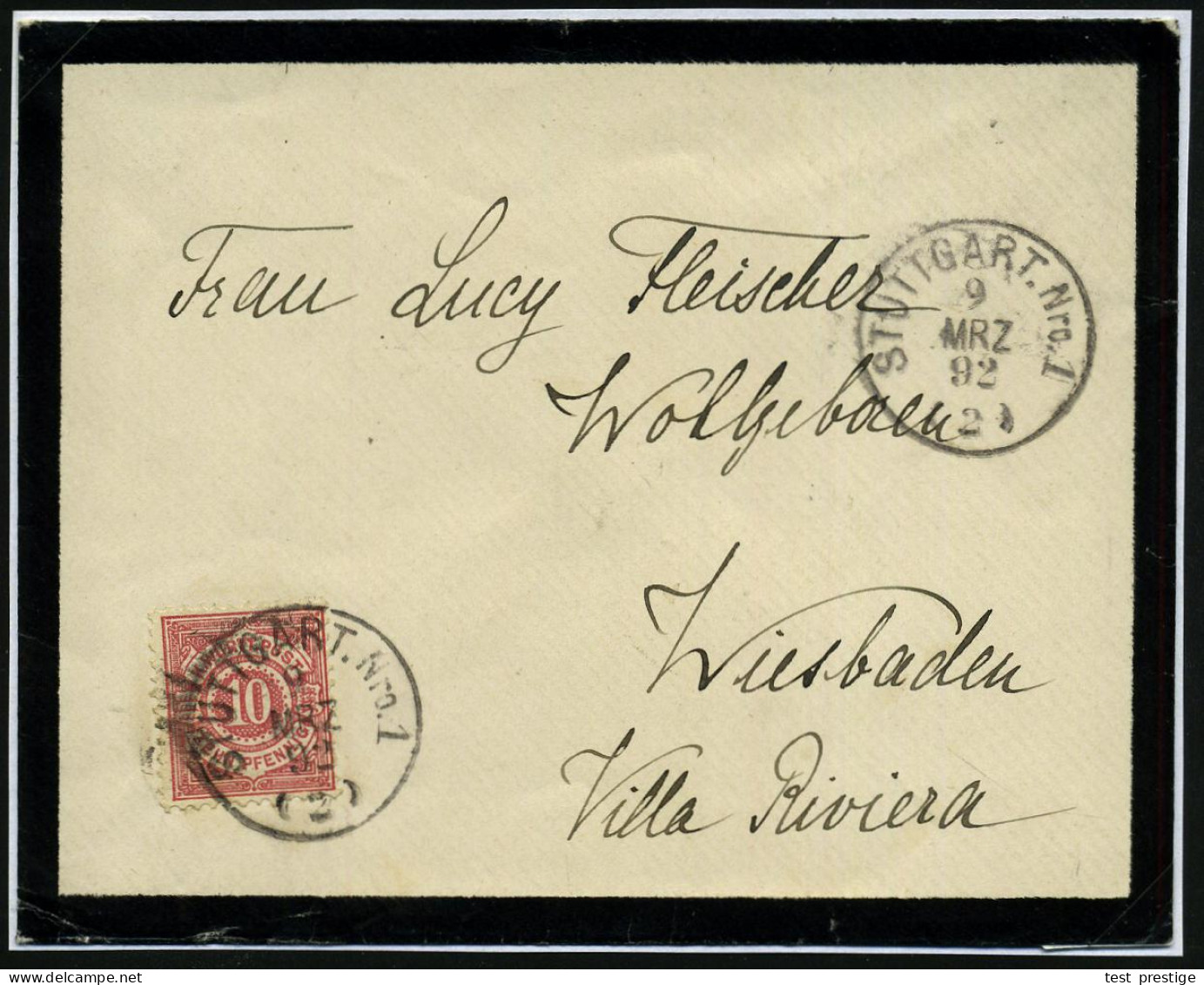 STUTTGART Nro.1/ (2) 1892 (9.3.) 1K Auf Württbg. 10 Pf. Ziffer, EF Auf Adels- T R A U E R - Bf., Rs. Abs.-Vordruck:  W I - Medicine