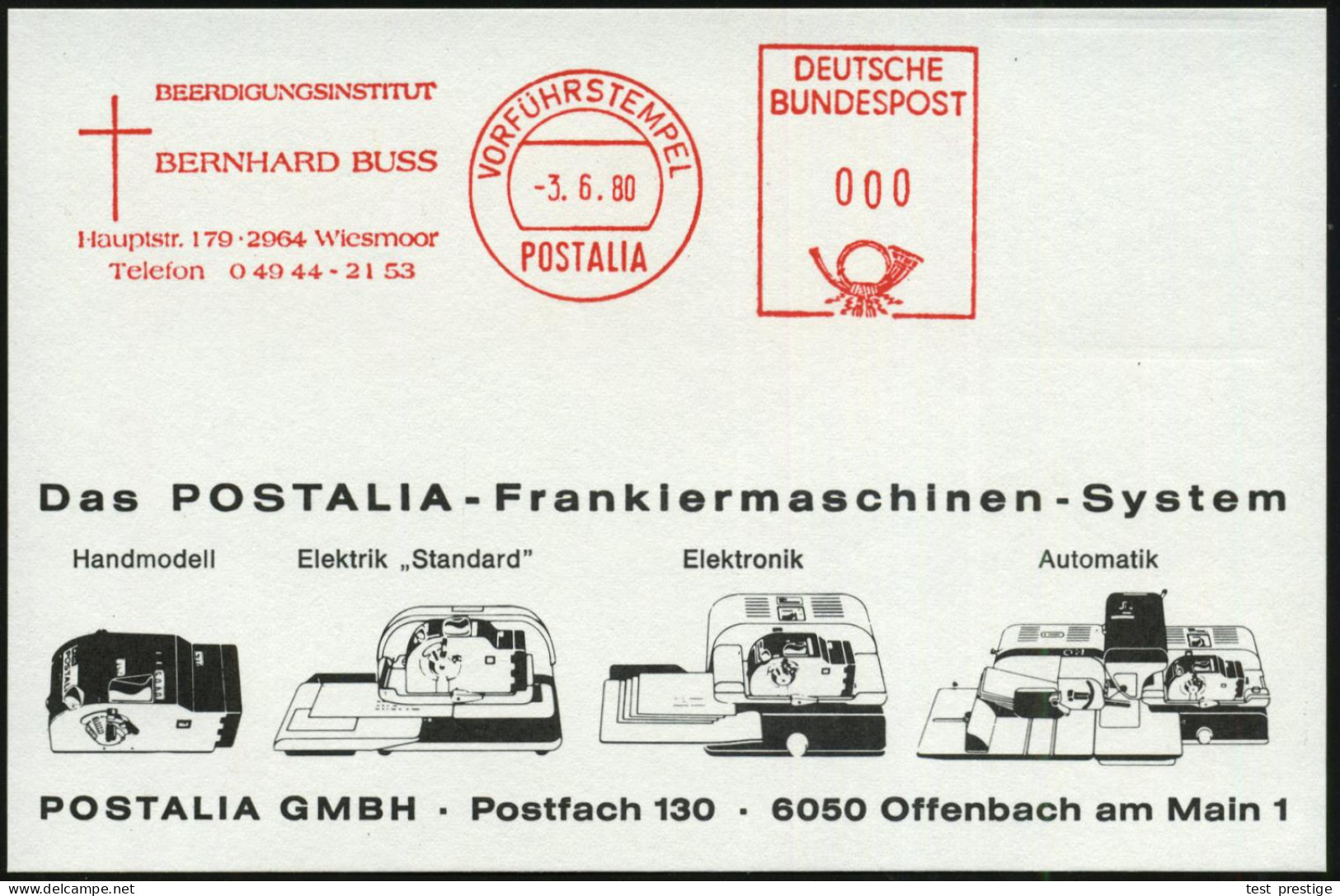 2964 Wiesmoor 1980 (3.6.) AFS.: VORFÜHRSTEMPEL/POSTALIA/BEERDIGUNGSINSTITUT/BRENHARD BUSS.. (Kreuz) Seltene Postalia-Mus - Medicina