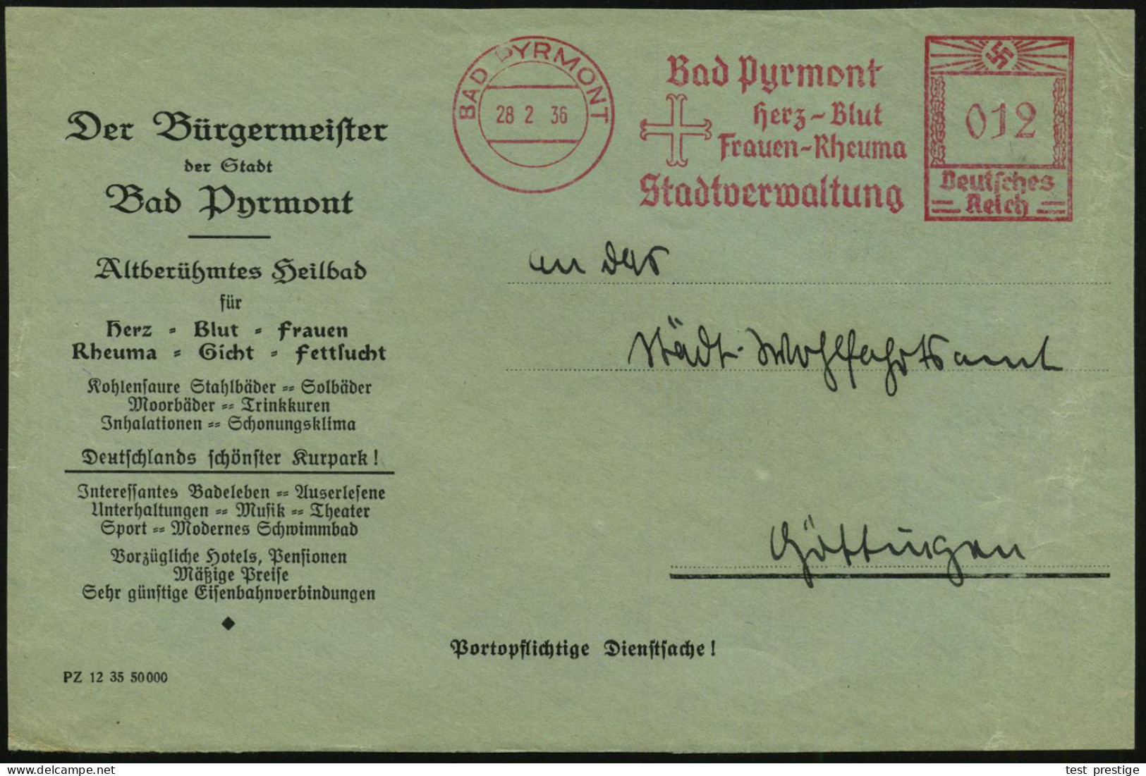 BAD PYRMONT/ Herz-Blut/ Frauen-Rheuma/ Stadtverwaltung 1936 (28.2.) AFS Francotyp (Kreuz) Dekorative, Kommunale Reklame- - Medicina