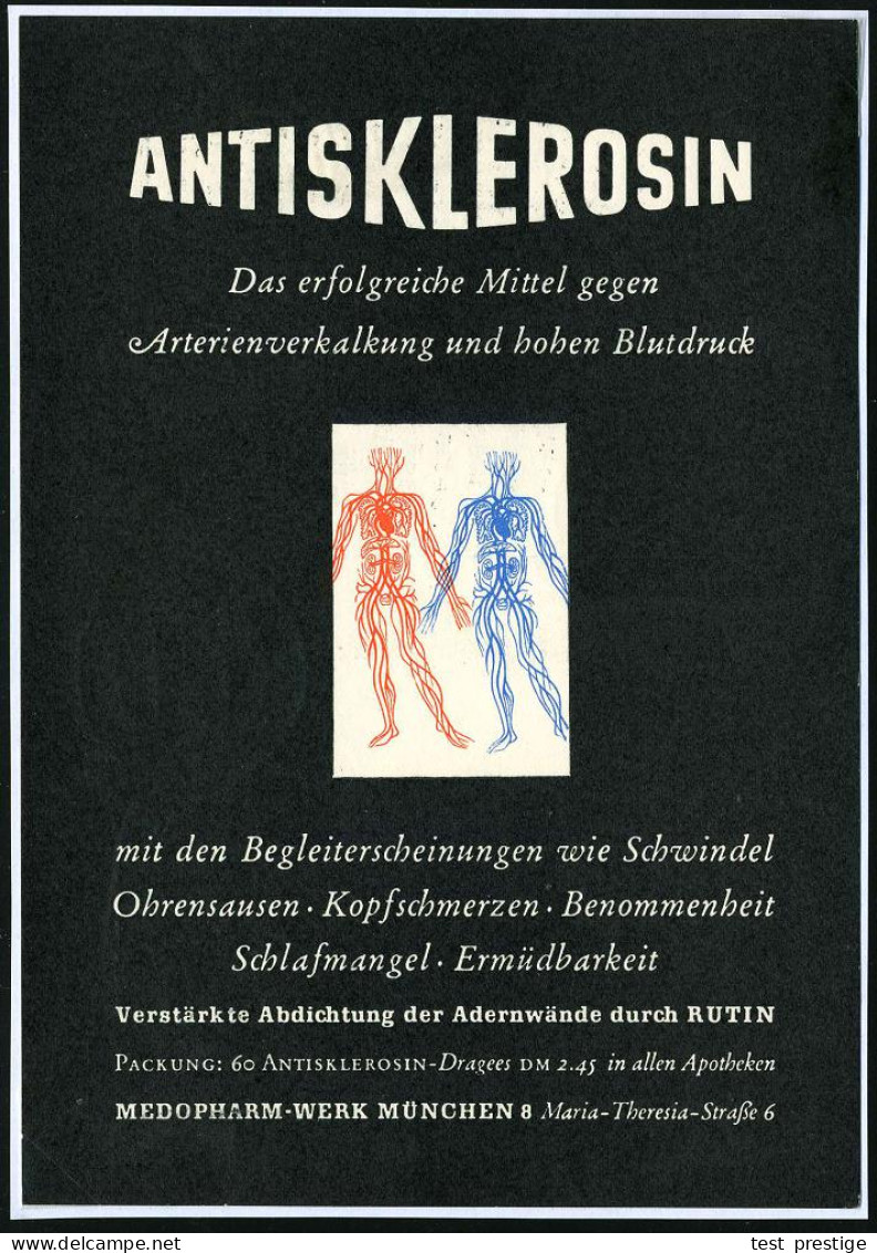 München 1955 (28.2.) Color-Reklame-Ak.: ANTISKLEROSIN.. Fa. Medopharm = 2x Blukreislauf , Frankierte Firmen-Kt. - BLUT / - Medizin