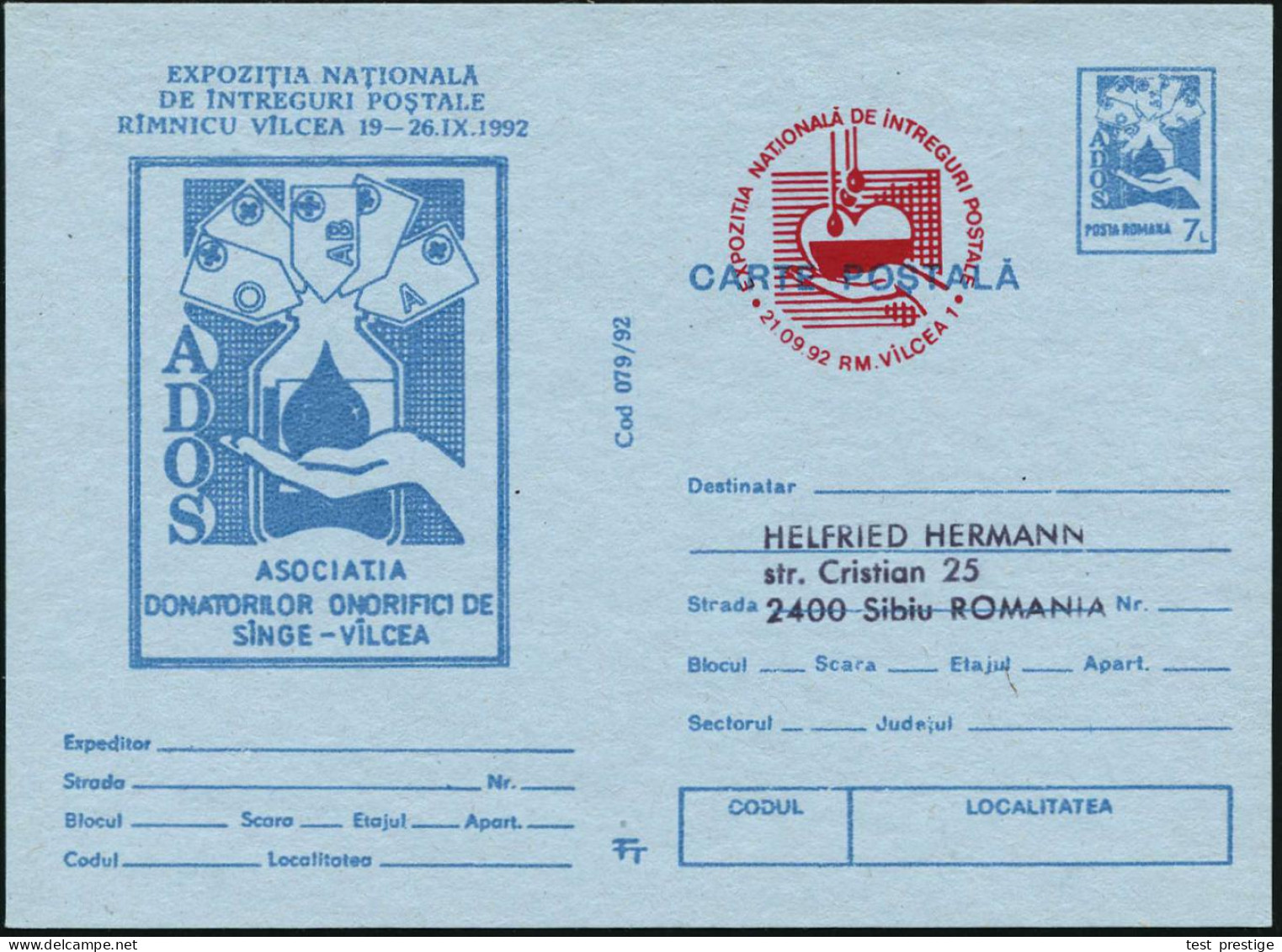 RUMÄNIEN 1992 (21.9.) Sonder-P. 7 L. "ADOS", Blau: Rumän. Blutspendedienst (= Hand Mit Blutstropfen, Karten Mit Blutgrup - Médecine